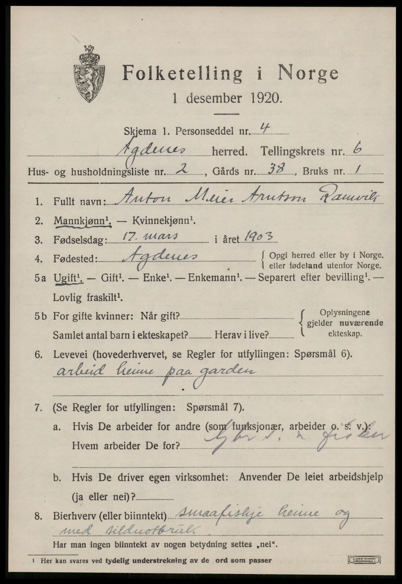 SAT, 1920 census for Agdenes, 1920, p. 2483