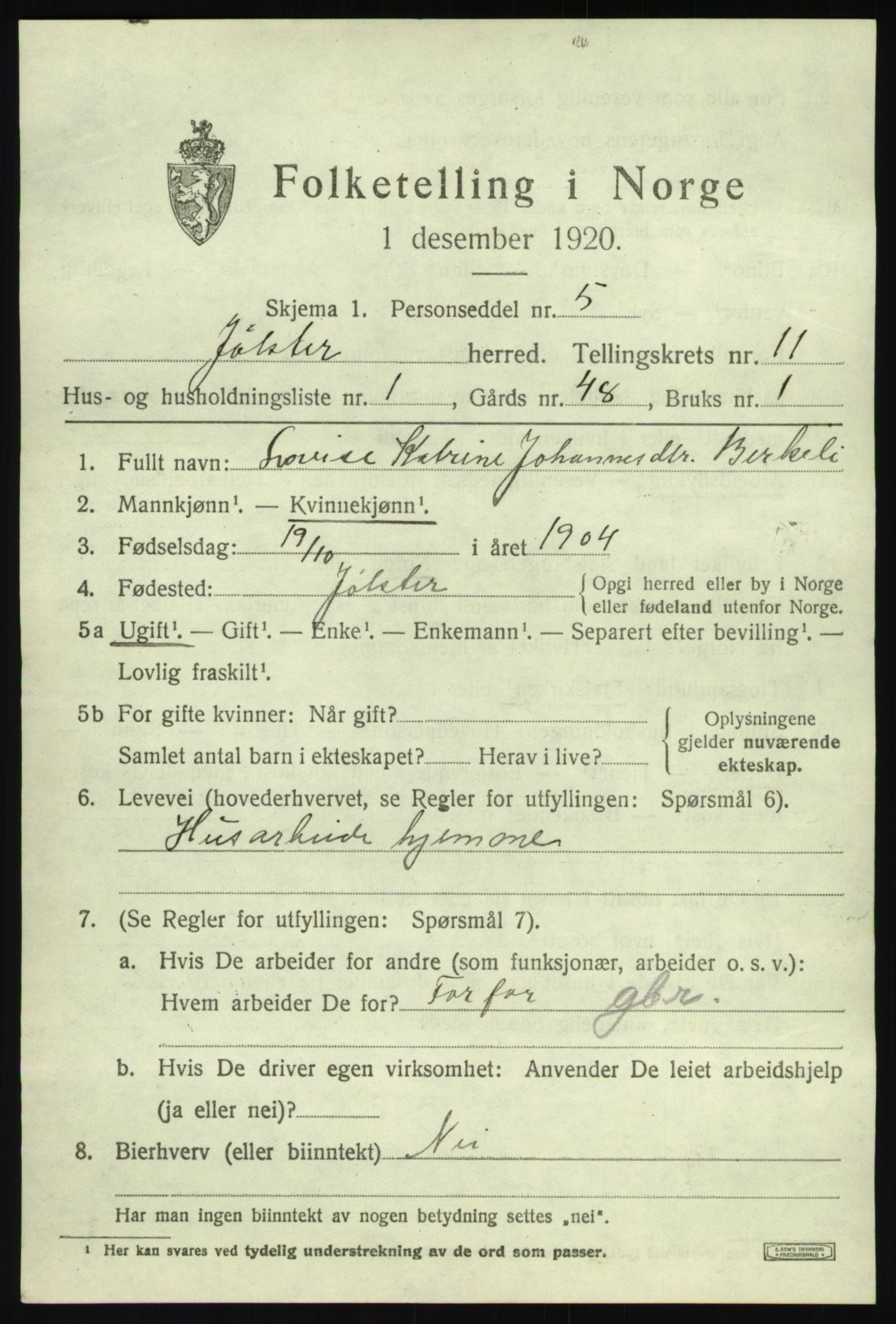 SAB, 1920 census for Jølster, 1920, p. 5062