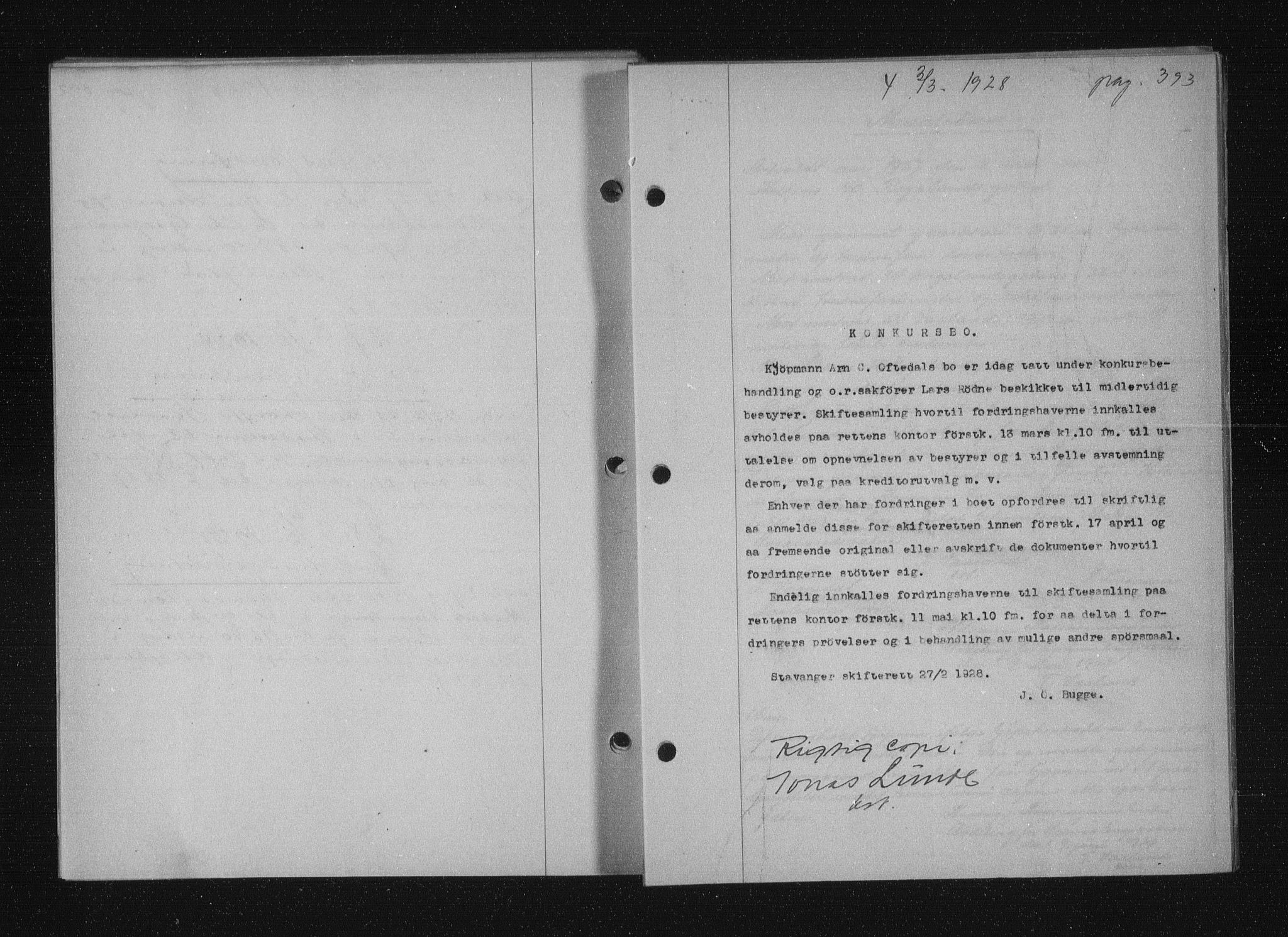 Stavanger byfogd, SAST/A-101408/001/4/41/410/410BB/L0053: Mortgage book no. 41, 1927-1928, Deed date: 03.03.1928