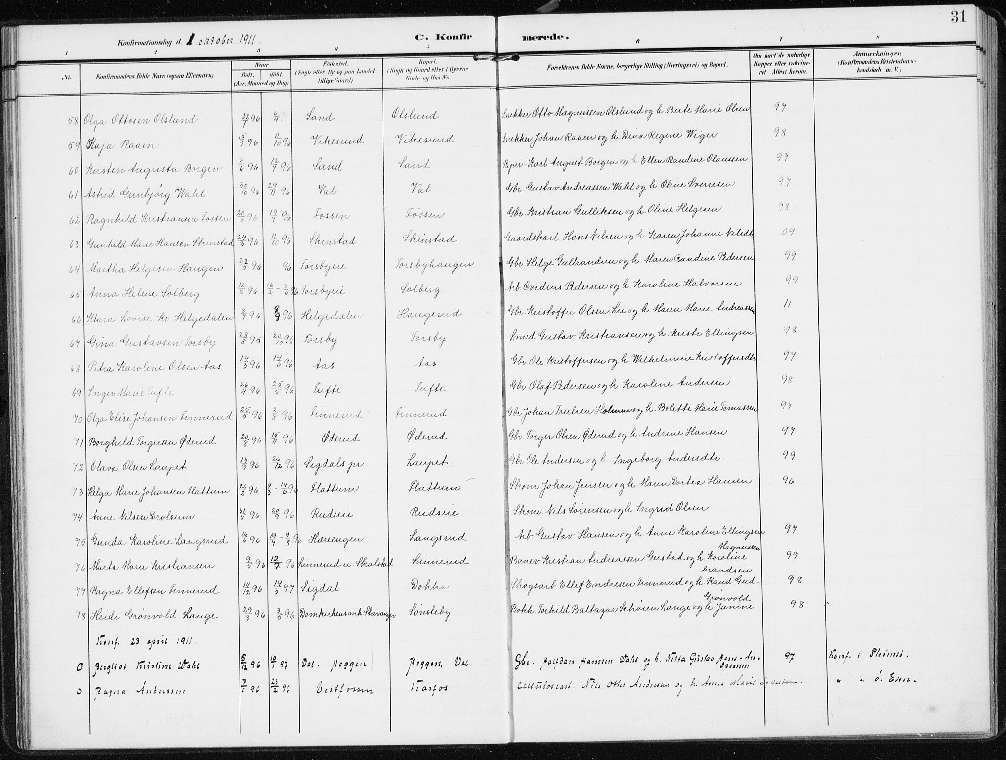 Modum kirkebøker, AV/SAKO-A-234/F/Fa/L0014b: Parish register (official) no. 14b, 1906-1917, p. 31