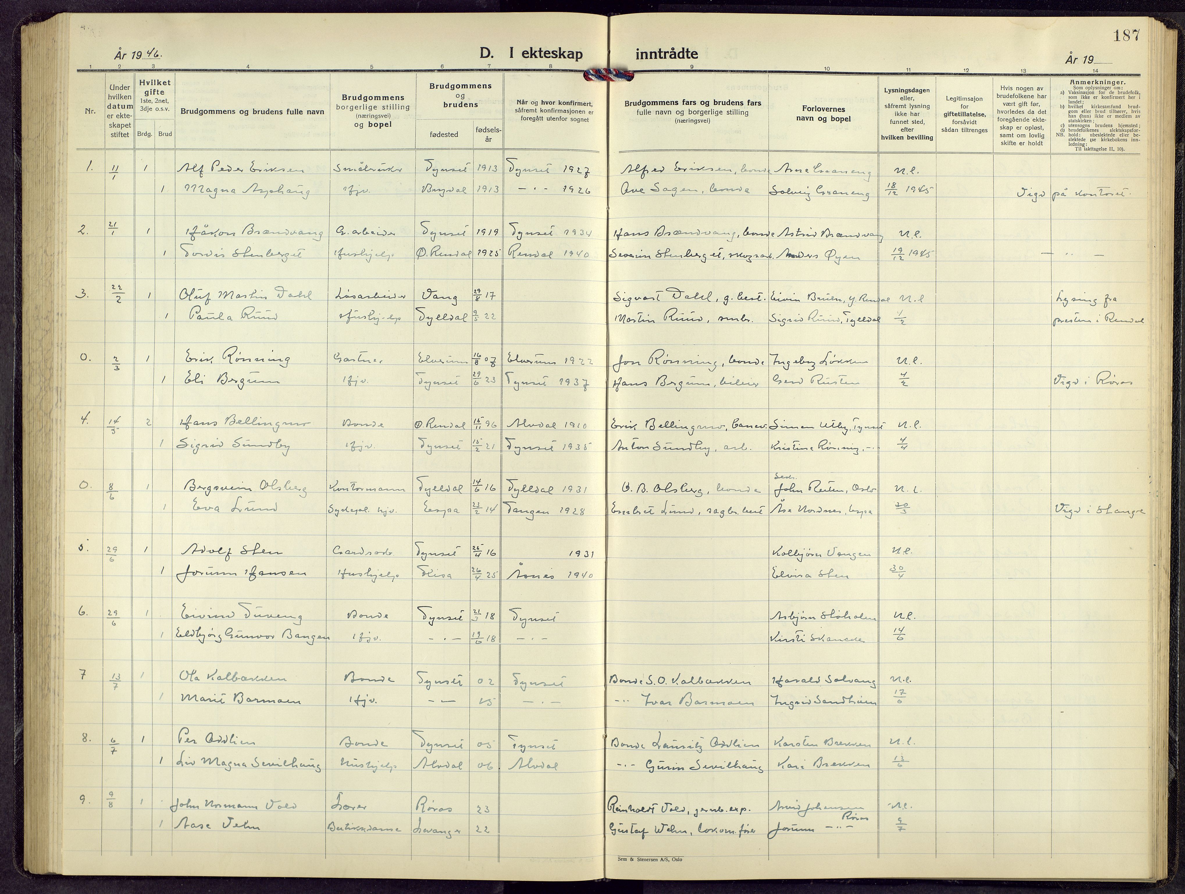 Tynset prestekontor, AV/SAH-PREST-058/H/Ha/Hab/L0014: Parish register (copy) no. 14, 1944-1960, p. 187
