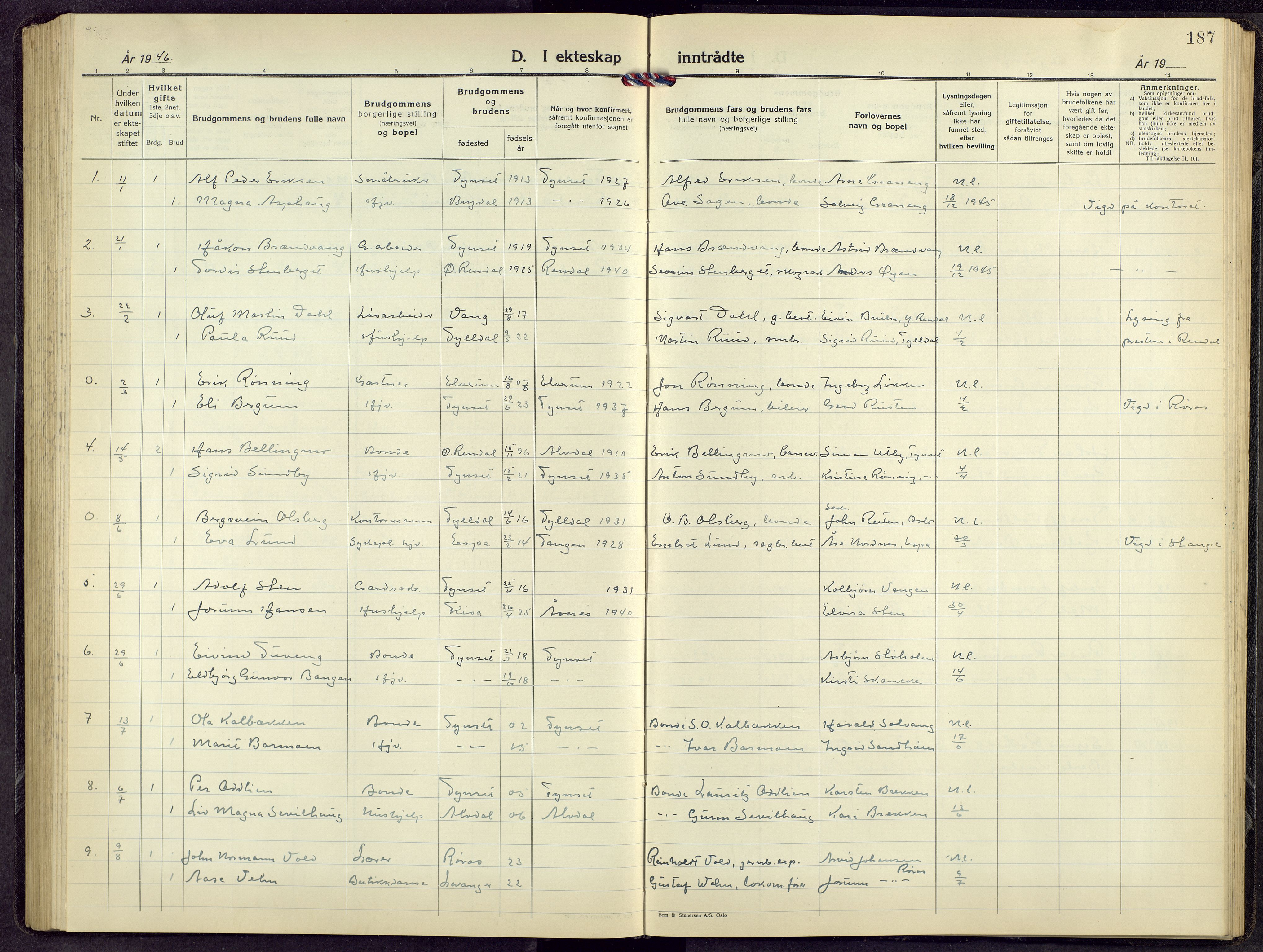 Tynset prestekontor, SAH/PREST-058/H/Ha/Hab/L0014: Parish register (copy) no. 14, 1944-1960, p. 187