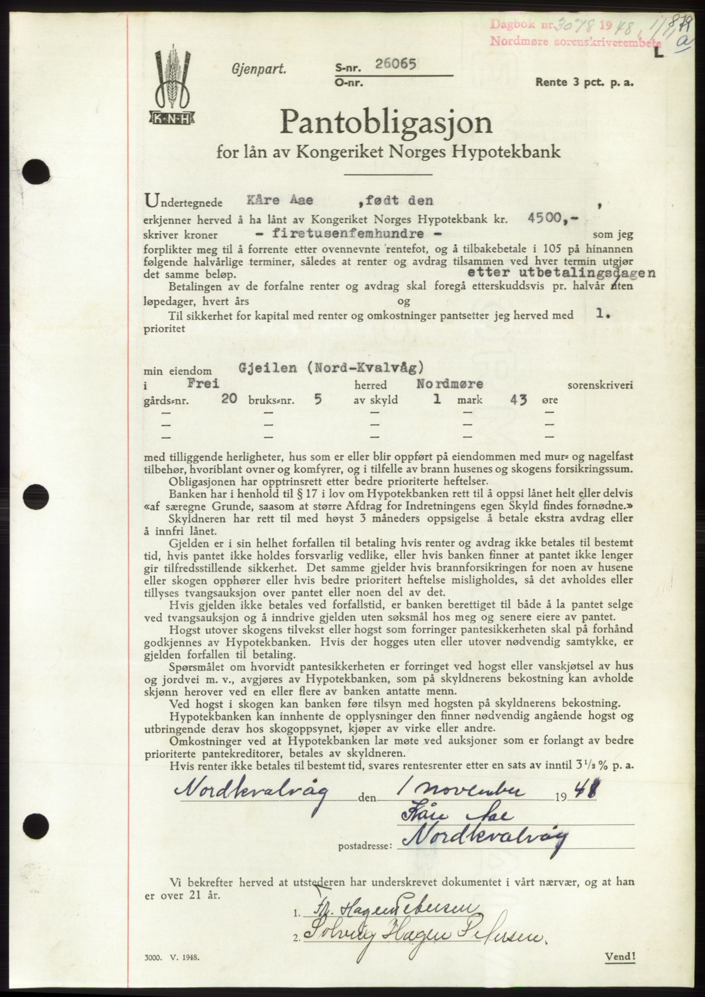 Nordmøre sorenskriveri, AV/SAT-A-4132/1/2/2Ca: Mortgage book no. B99, 1948-1948, Diary no: : 3078/1948