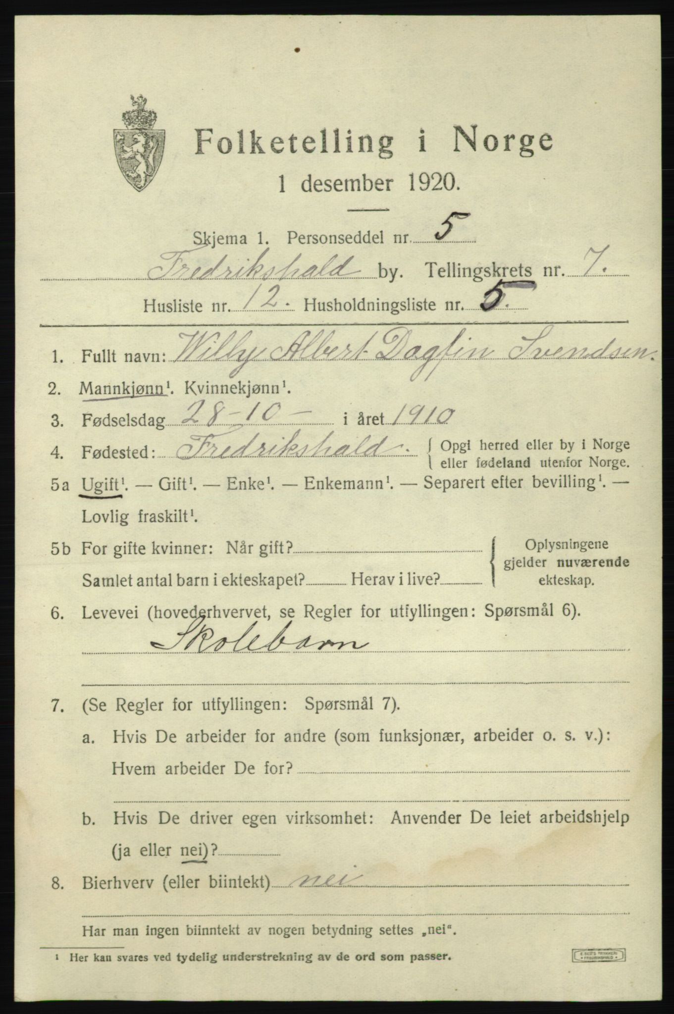 SAO, 1920 census for Fredrikshald, 1920, p. 14084