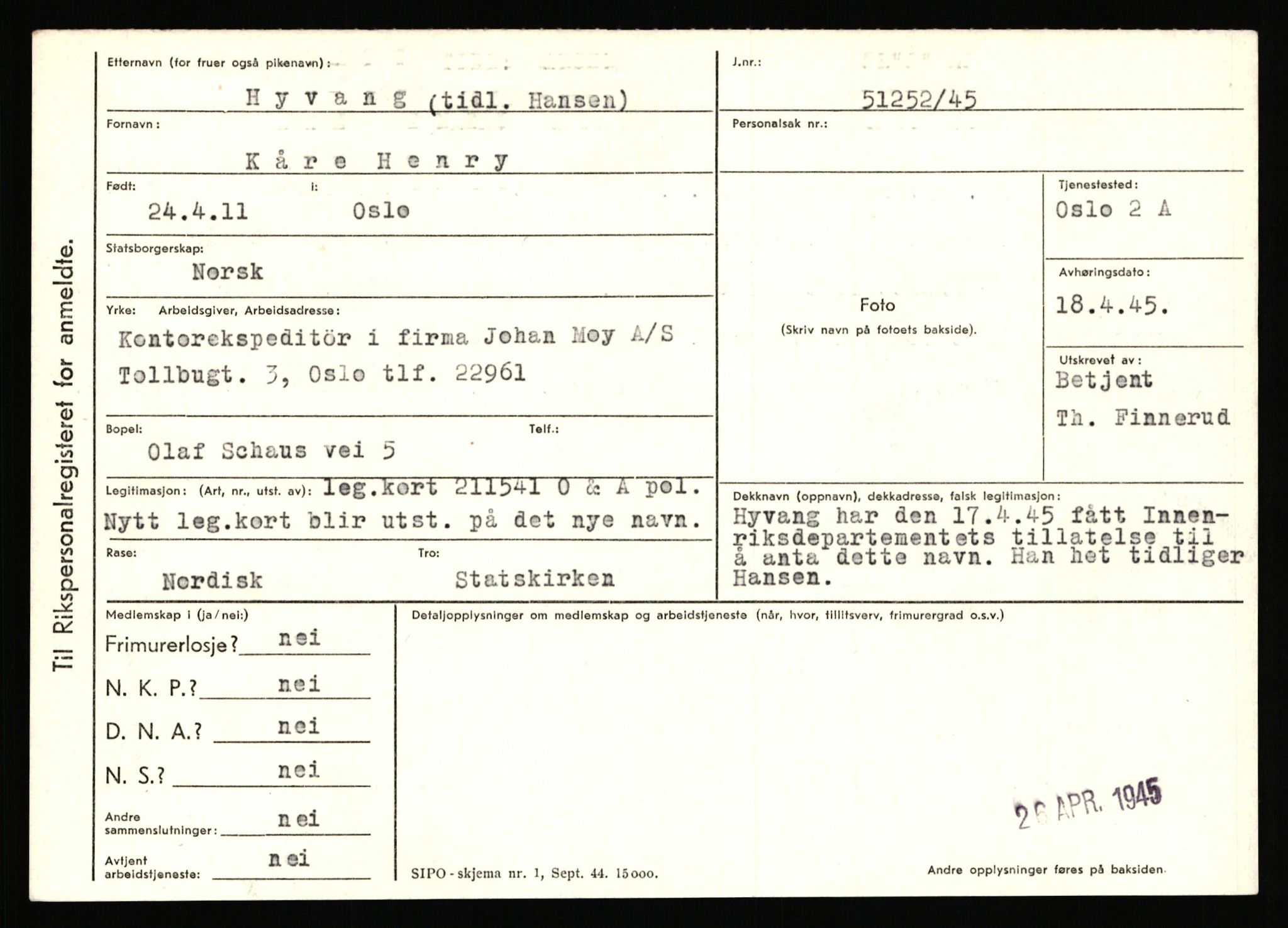 Statspolitiet - Hovedkontoret / Osloavdelingen, AV/RA-S-1329/C/Ca/L0007: Hol - Joelsen, 1943-1945, p. 1605