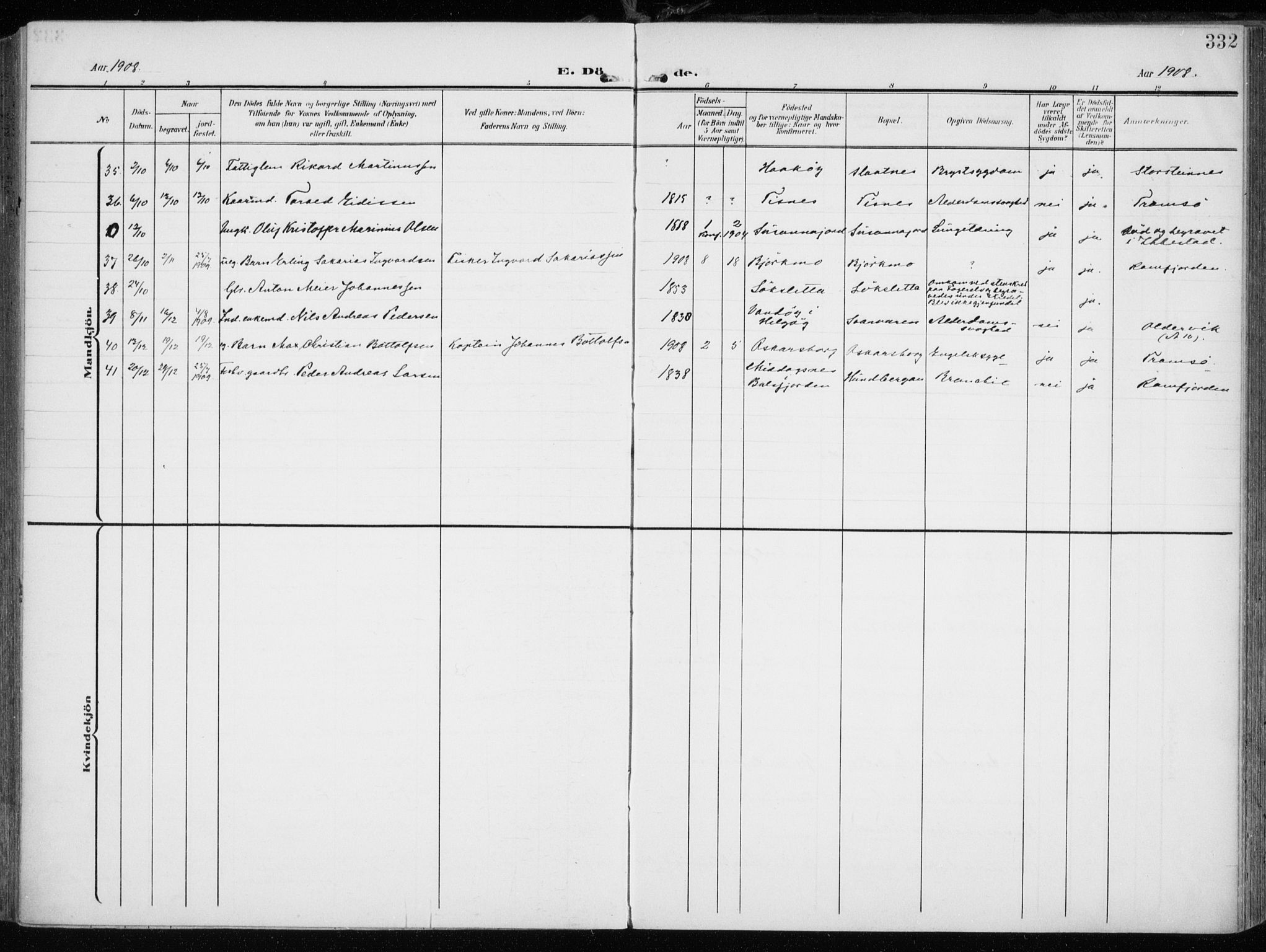 Tromsøysund sokneprestkontor, AV/SATØ-S-1304/G/Ga/L0007kirke: Parish register (official) no. 7, 1907-1914, p. 332