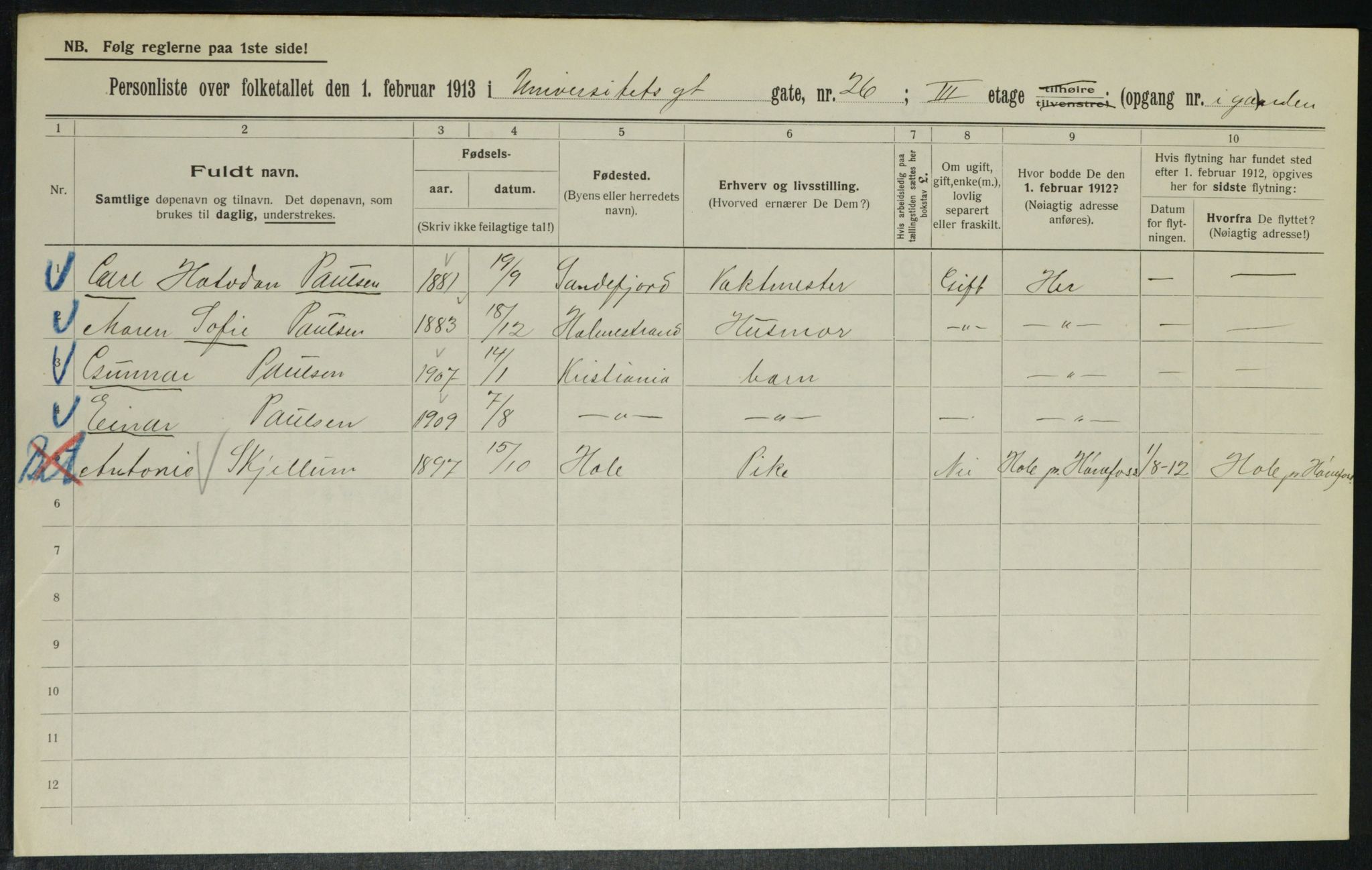 OBA, Municipal Census 1913 for Kristiania, 1913, p. 120123