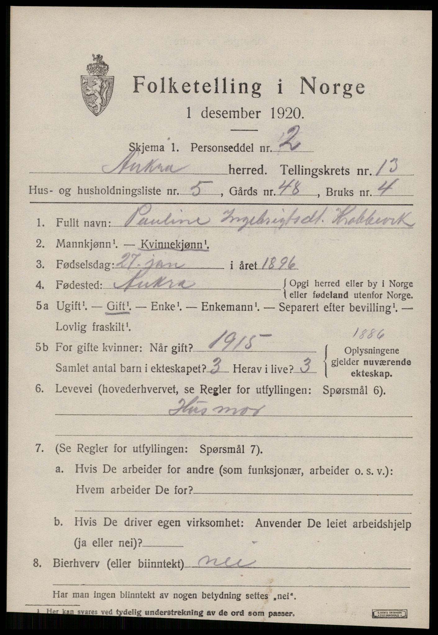 SAT, 1920 census for Aukra, 1920, p. 5567