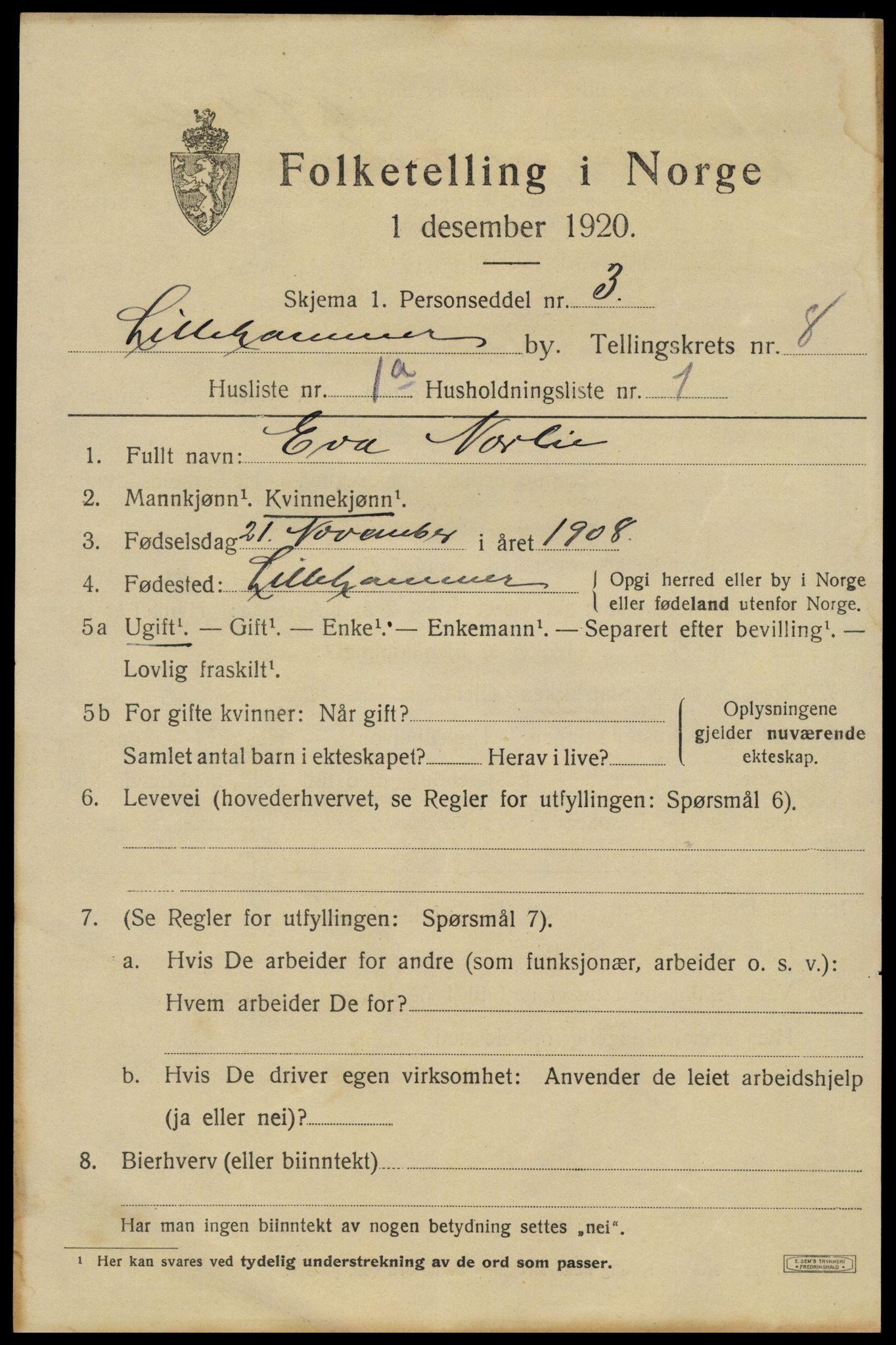 SAH, 1920 census for Lillehammer, 1920, p. 10384