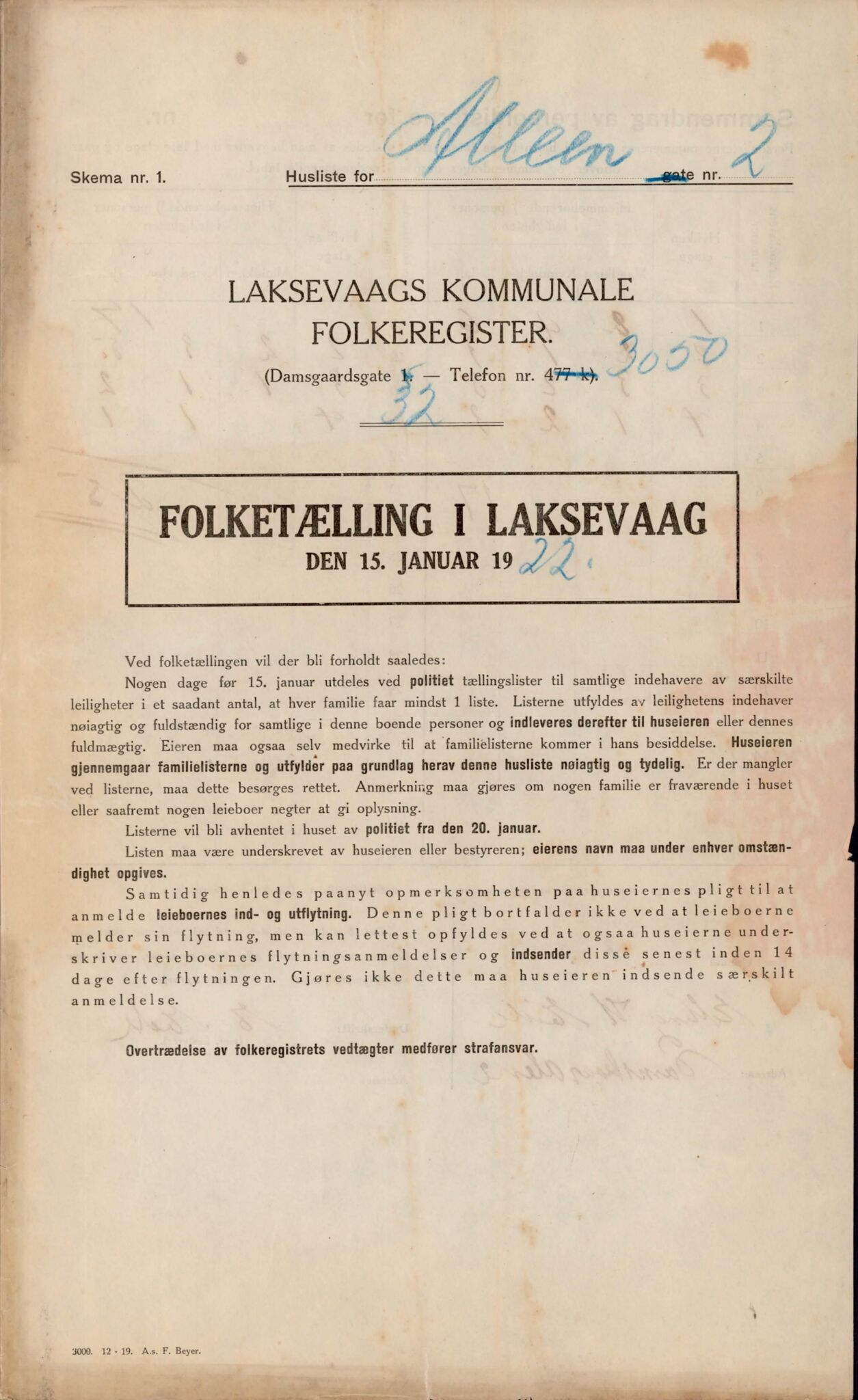 Laksevåg kommune. Folkeregisteret, BBA/A-1586/E/Ea/L0007: Folketellingskjema 1922, 1922