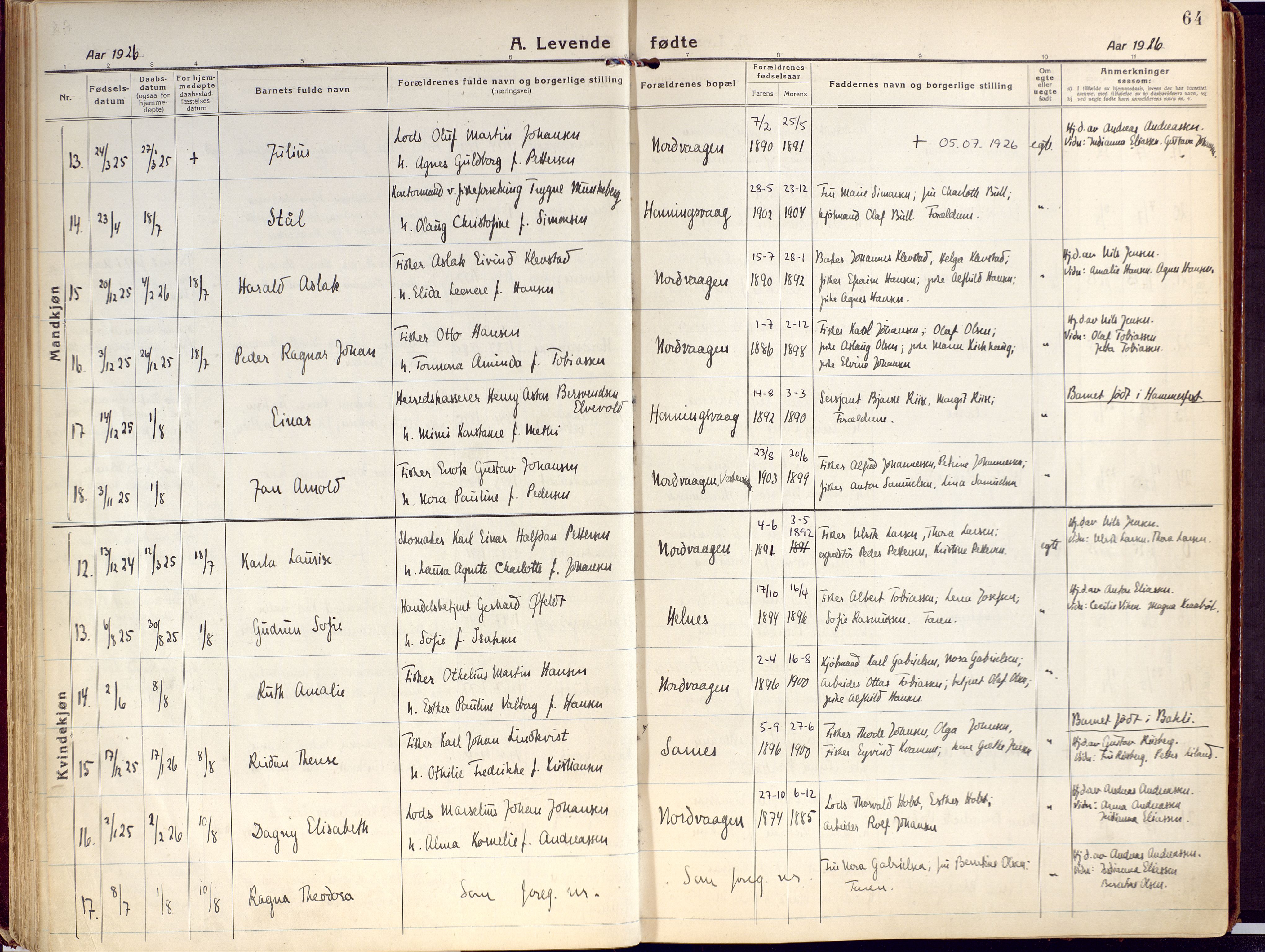 Kjelvik/Nordkapp sokneprestkontor, AV/SATØ-S-1350/H/Ha/L0002kirke: Parish register (official) no. 2, 1920-1929, p. 64