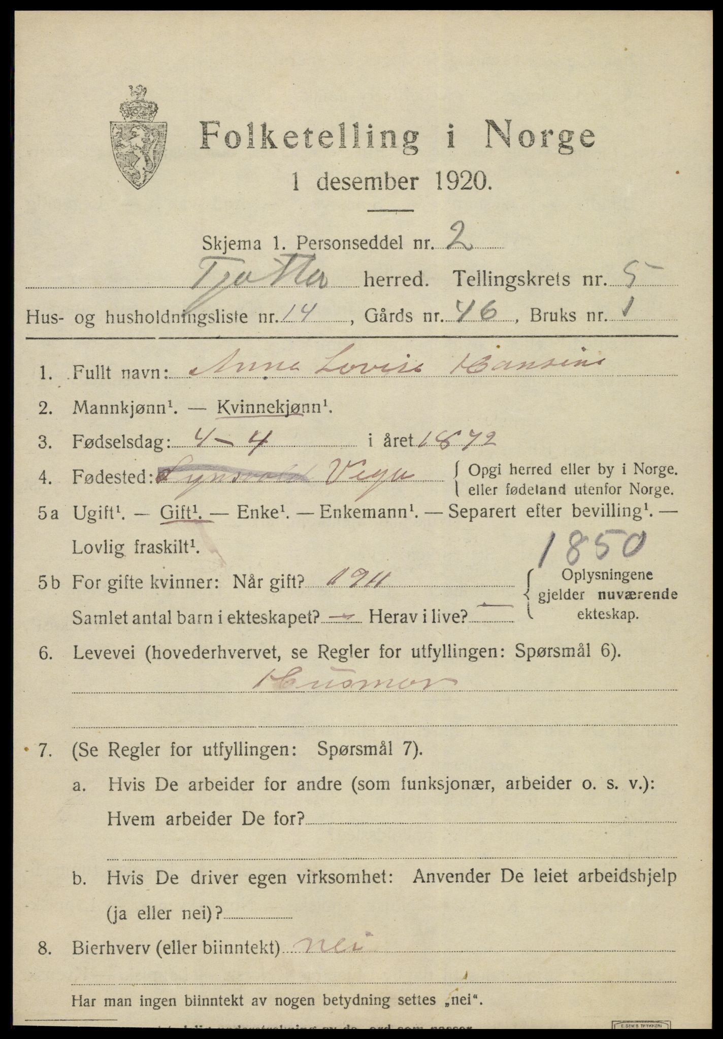 SAT, 1920 census for Tjøtta, 1920, p. 2163