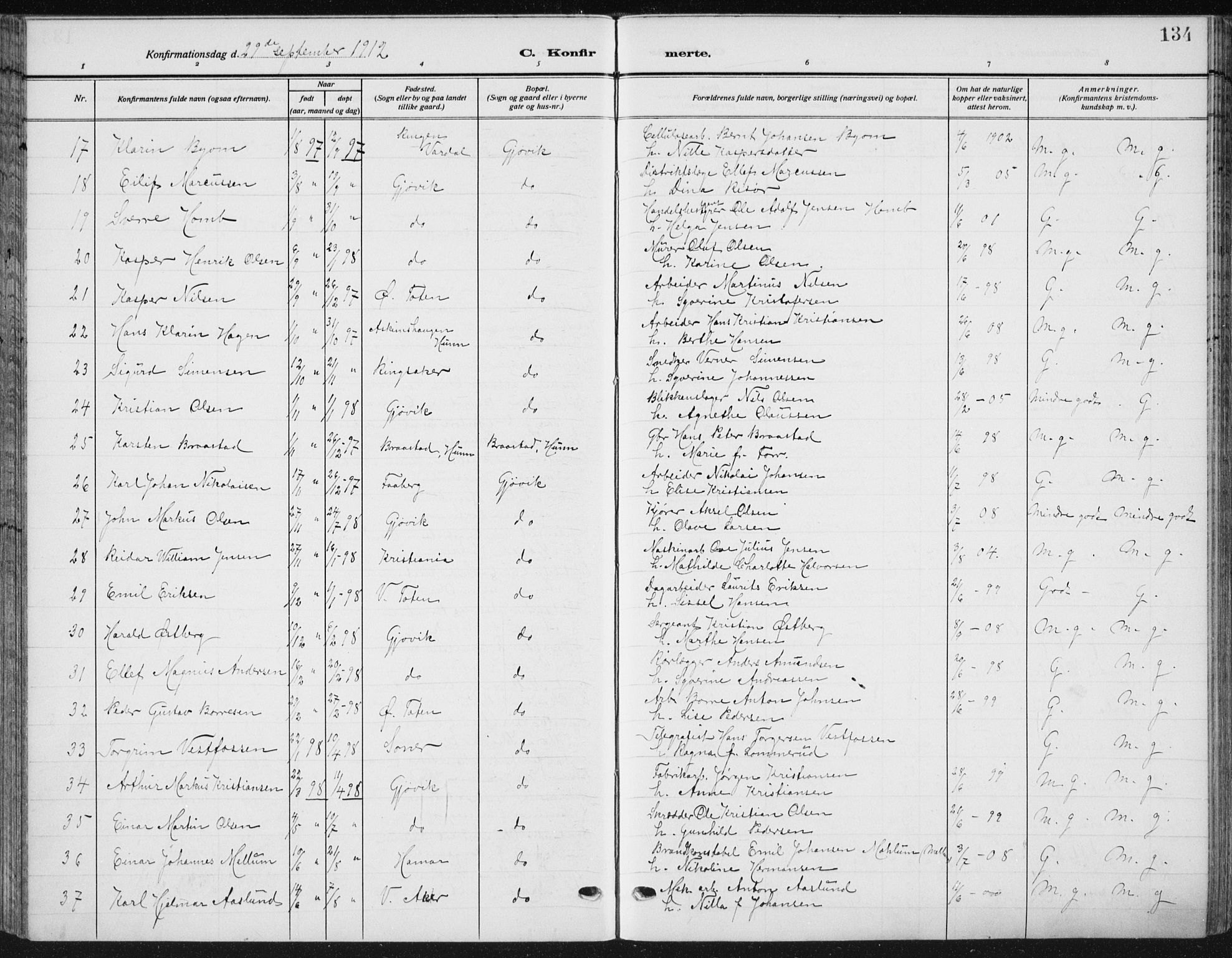 Vardal prestekontor, SAH/PREST-100/H/Ha/Haa/L0014: Parish register (official) no. 14, 1912-1922, p. 134