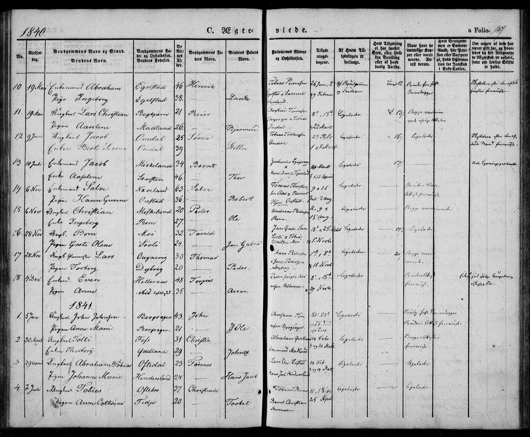 Lyngdal sokneprestkontor, SAK/1111-0029/F/Fa/Fac/L0008: Parish register (official) no. A 8, 1837-1852, p. 147