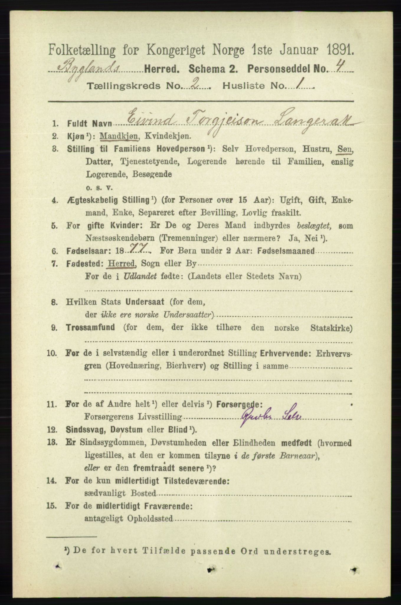 RA, 1891 census for 0938 Bygland, 1891, p. 258