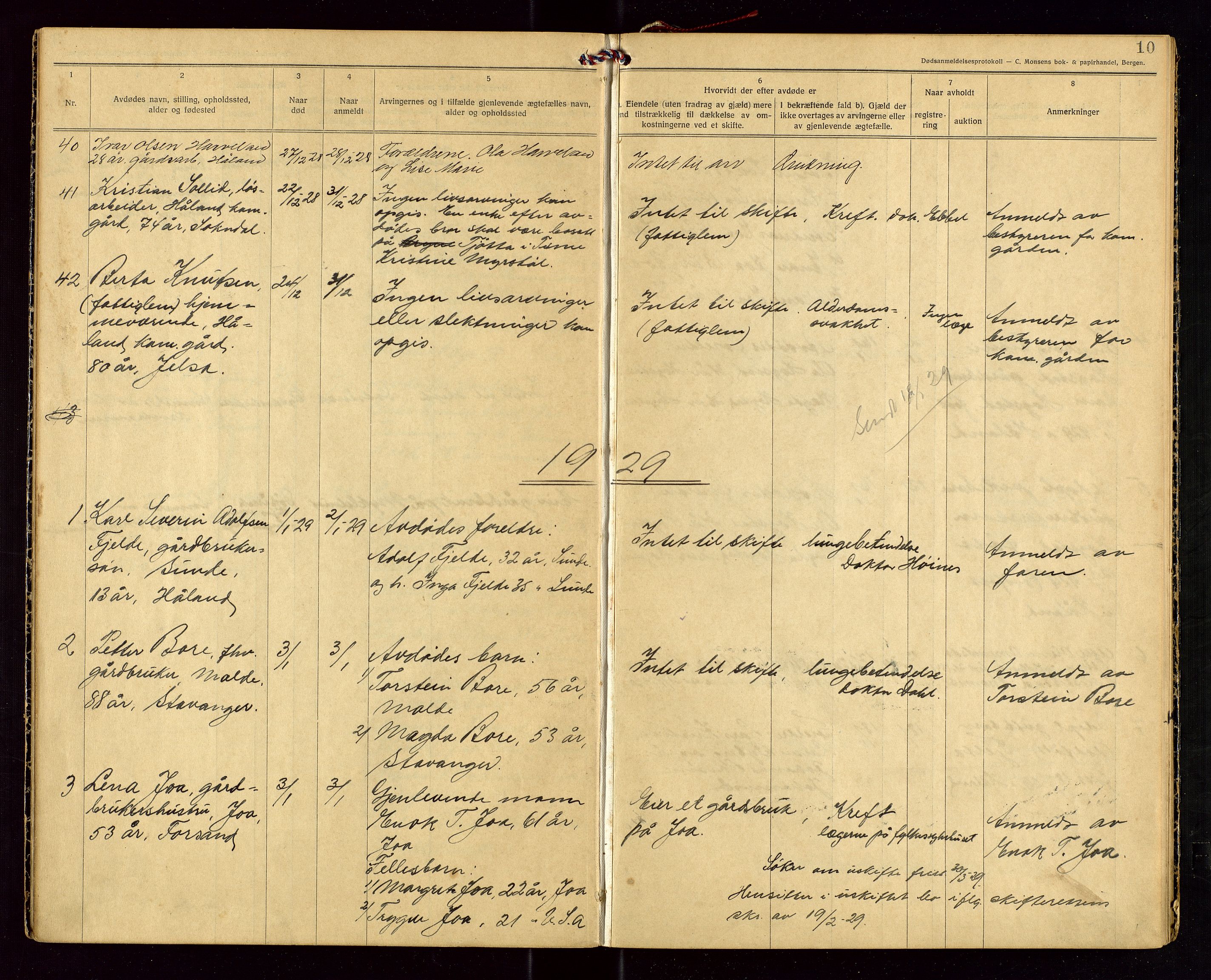 Håland lensmannskontor, SAST/A-100100/Gga/L0003: "Dødsanmeldelser 1926 - 1931 for Haaland", 1926-1931, p. 10