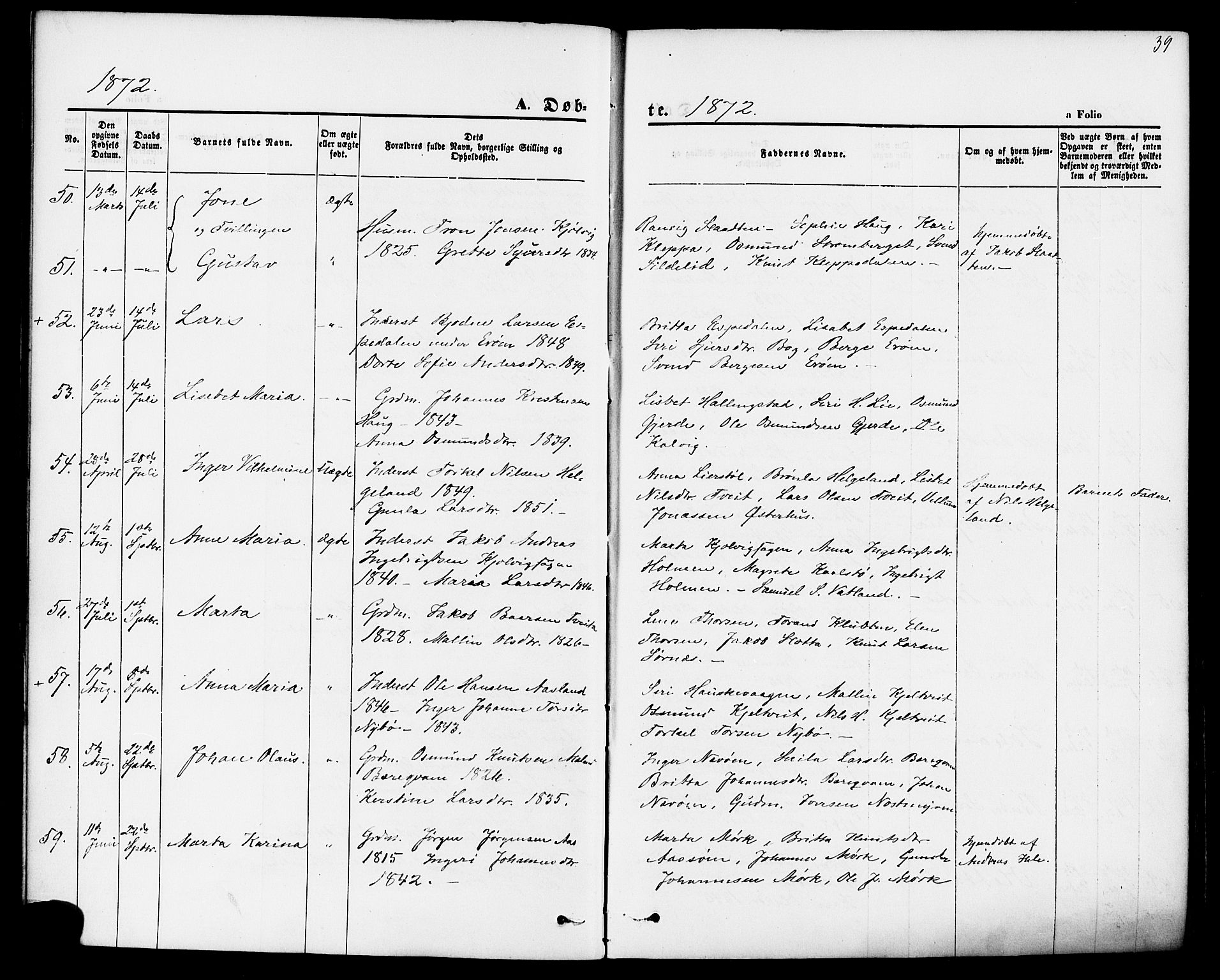 Jelsa sokneprestkontor, AV/SAST-A-101842/01/IV: Parish register (official) no. A 8, 1867-1883, p. 39