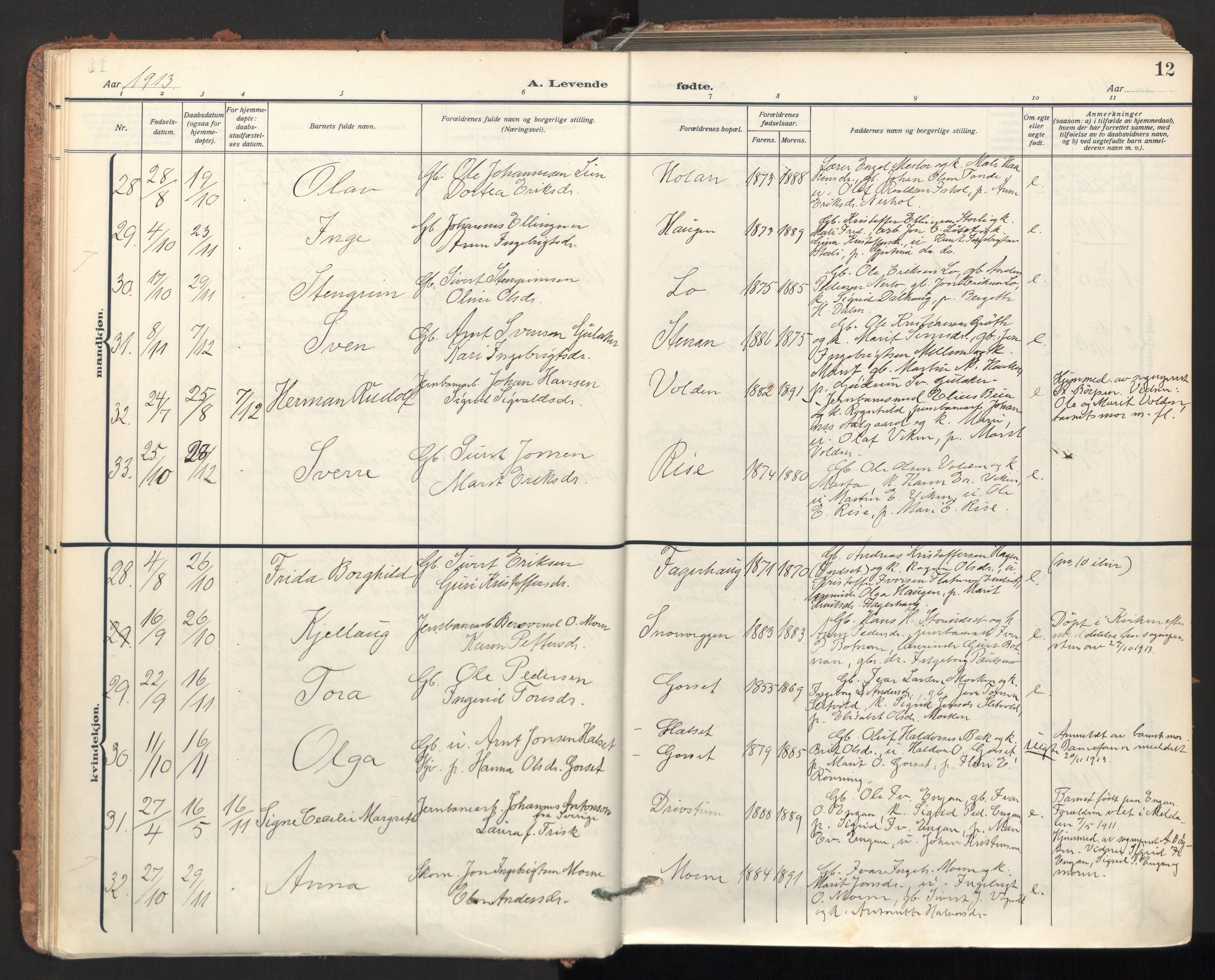 Ministerialprotokoller, klokkerbøker og fødselsregistre - Sør-Trøndelag, SAT/A-1456/678/L0909: Parish register (official) no. 678A17, 1912-1930, p. 12