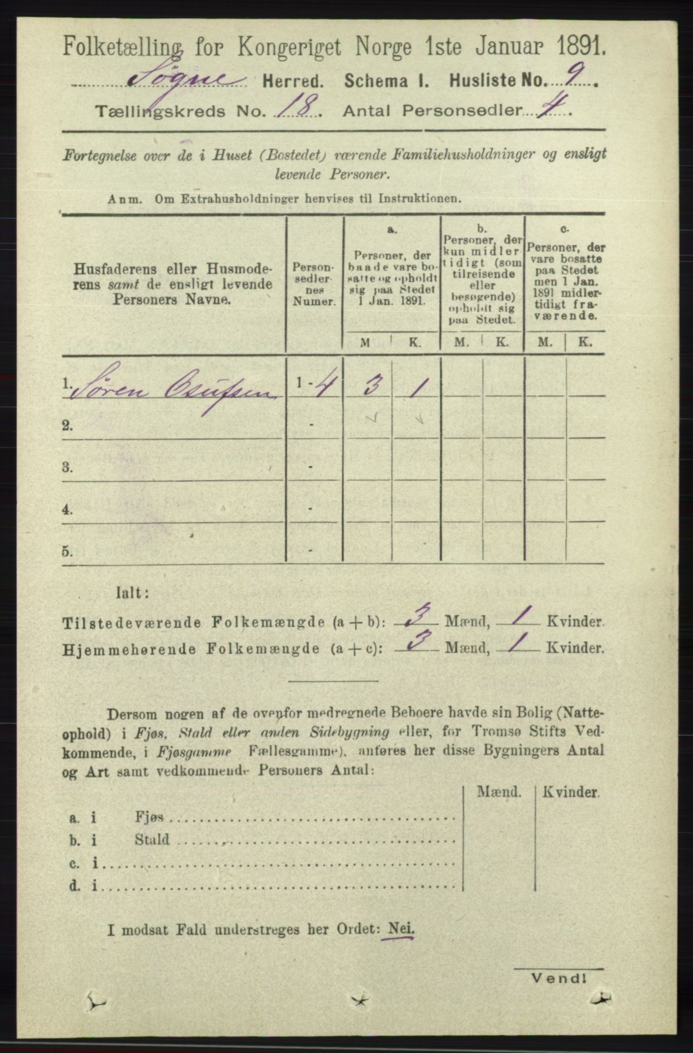 RA, 1891 census for 1018 Søgne, 1891, p. 4711