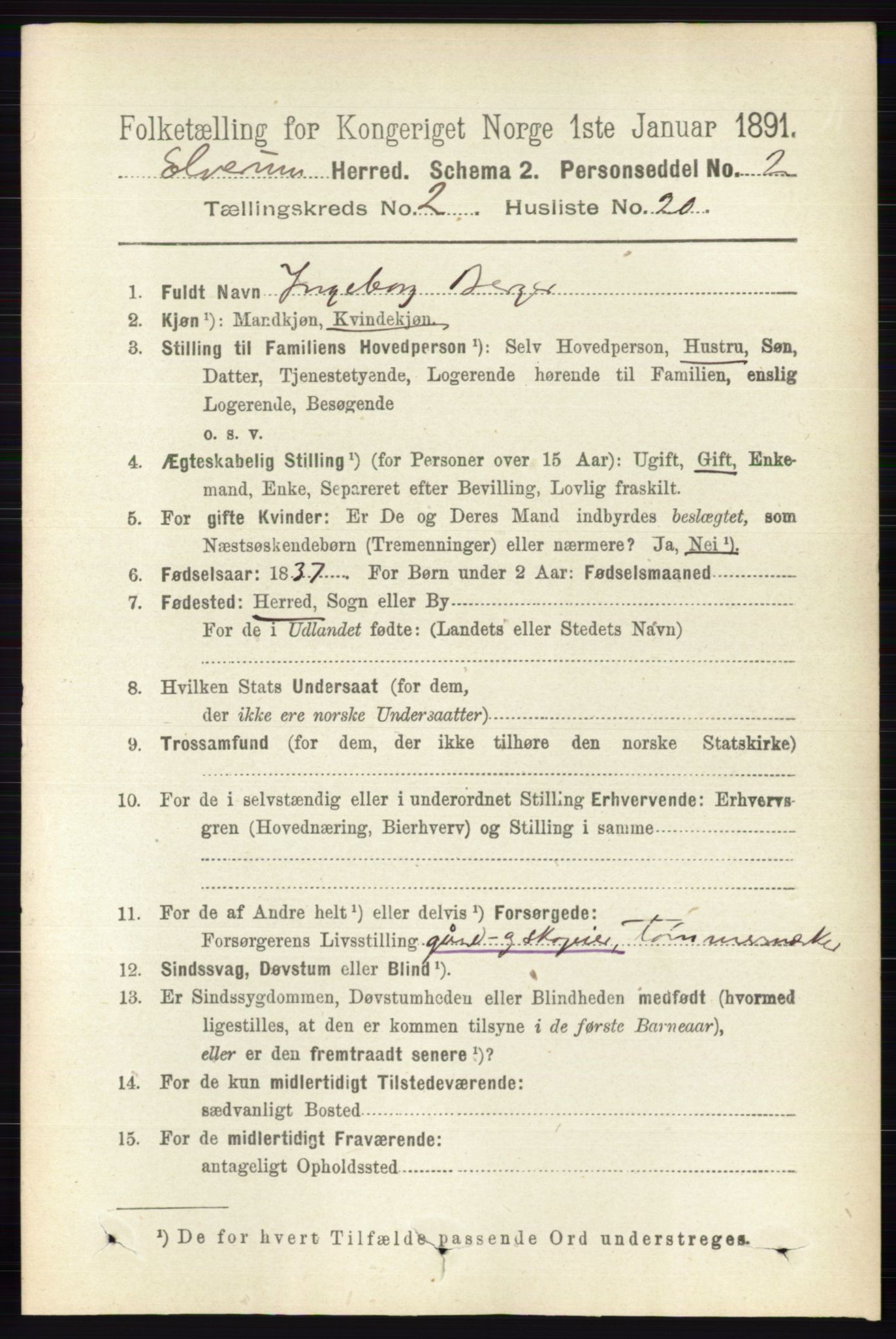 RA, 1891 census for 0427 Elverum, 1891, p. 1349