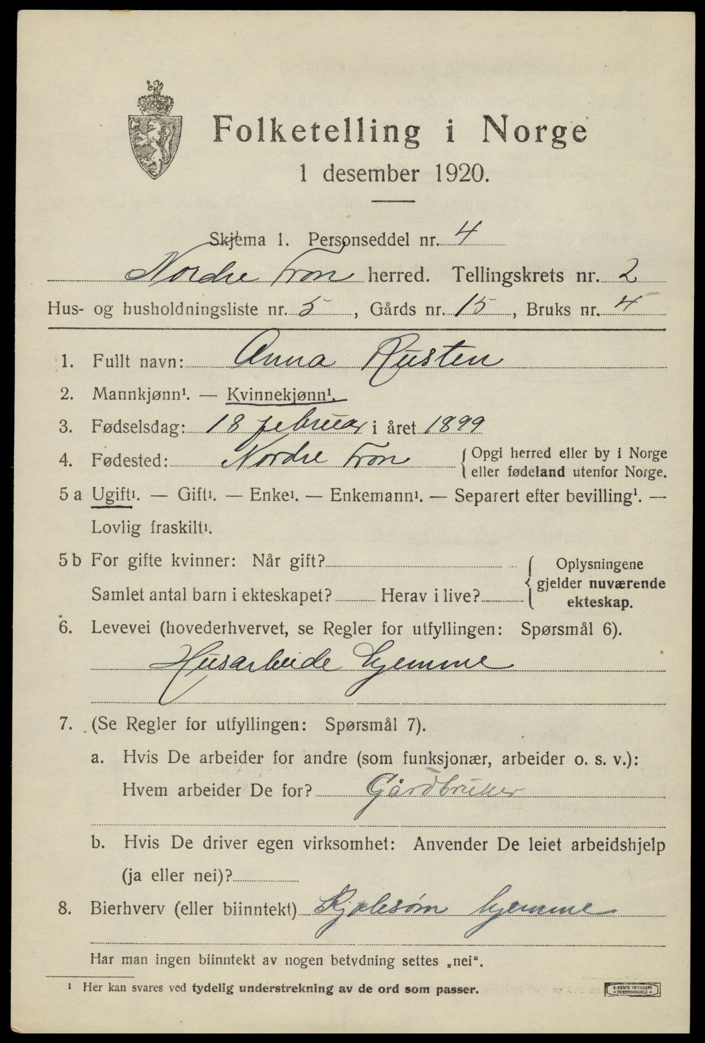 SAH, 1920 census for Nord-Fron, 1920, p. 2708