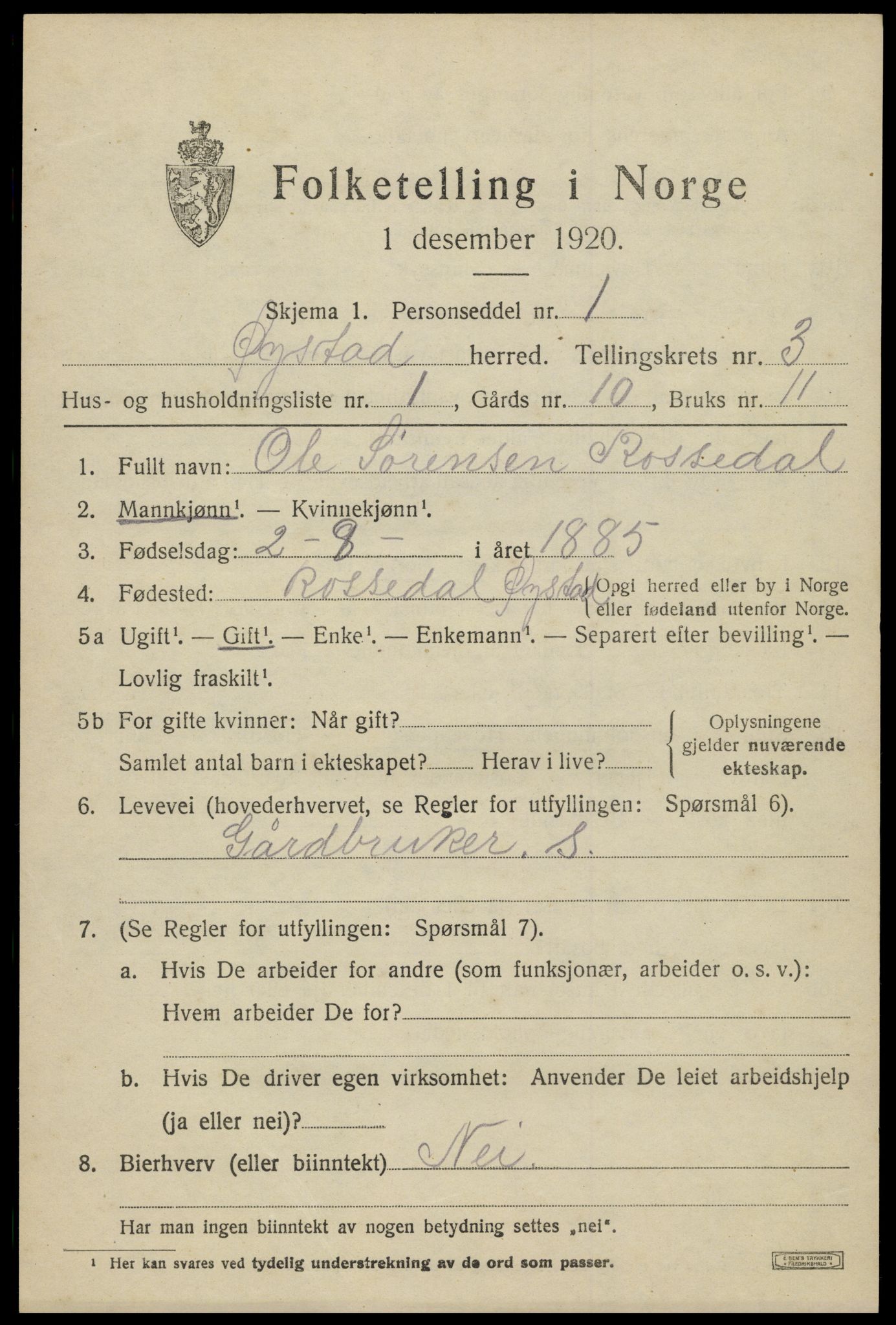 SAK, 1920 census for Øyestad, 1920, p. 2688