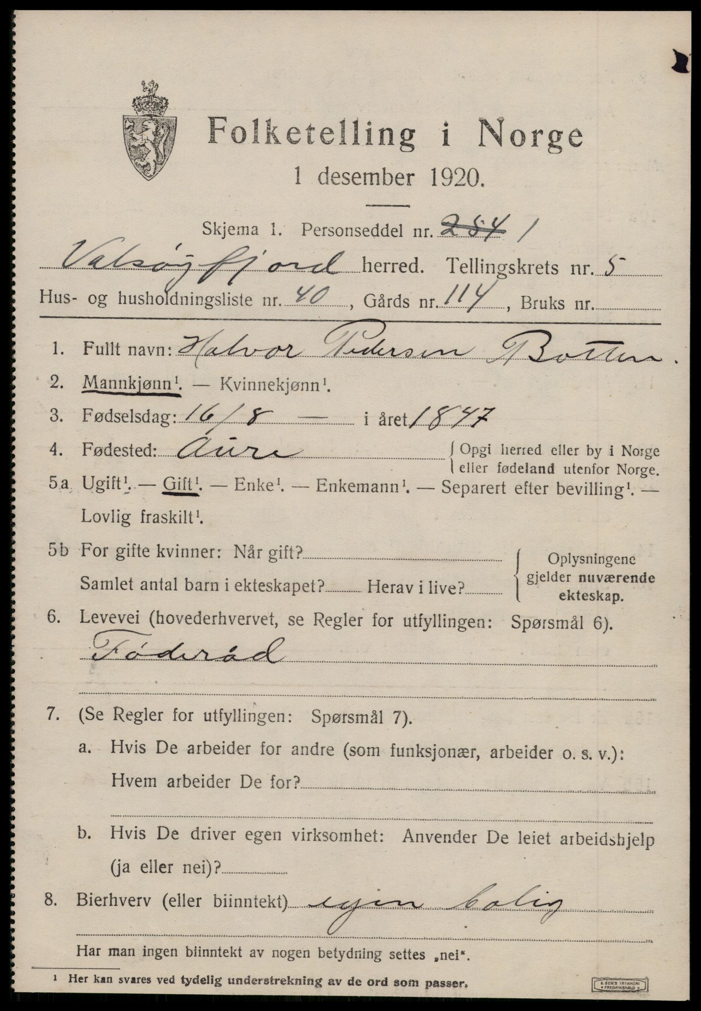 SAT, 1920 census for Valsøyfjord, 1920, p. 2889