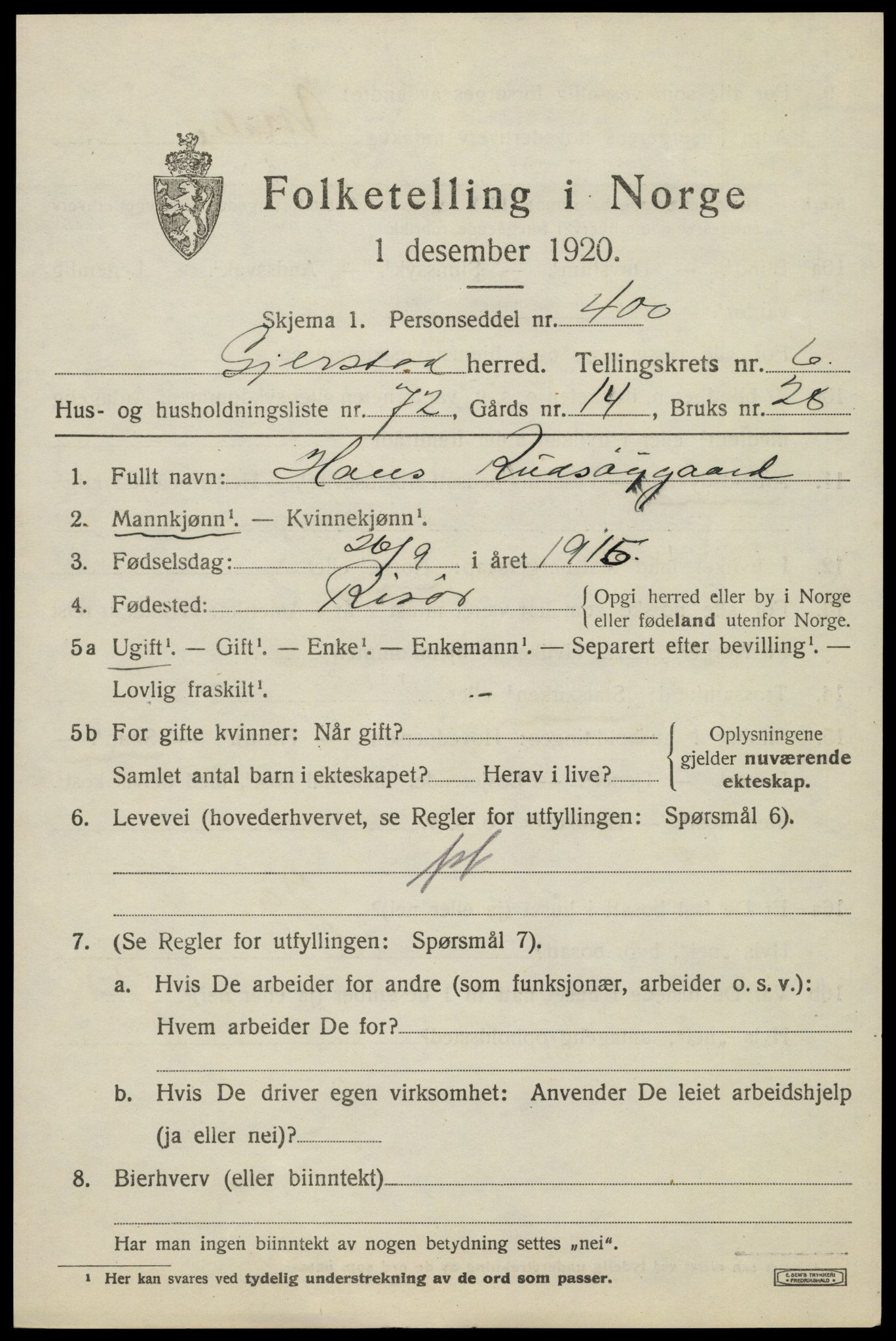 SAK, 1920 census for Gjerstad, 1920, p. 4621