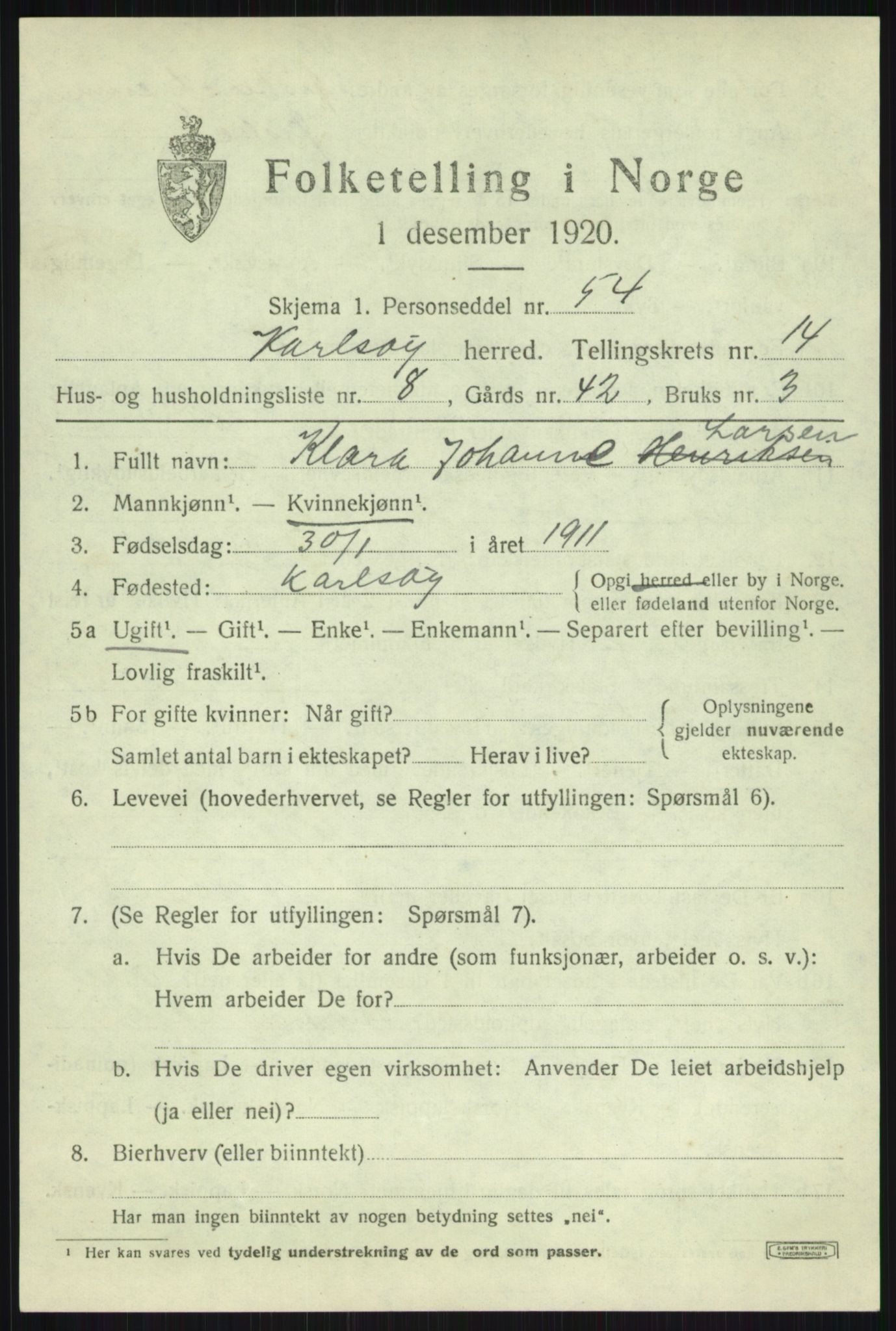 SATØ, 1920 census for Karlsøy, 1920, p. 5203