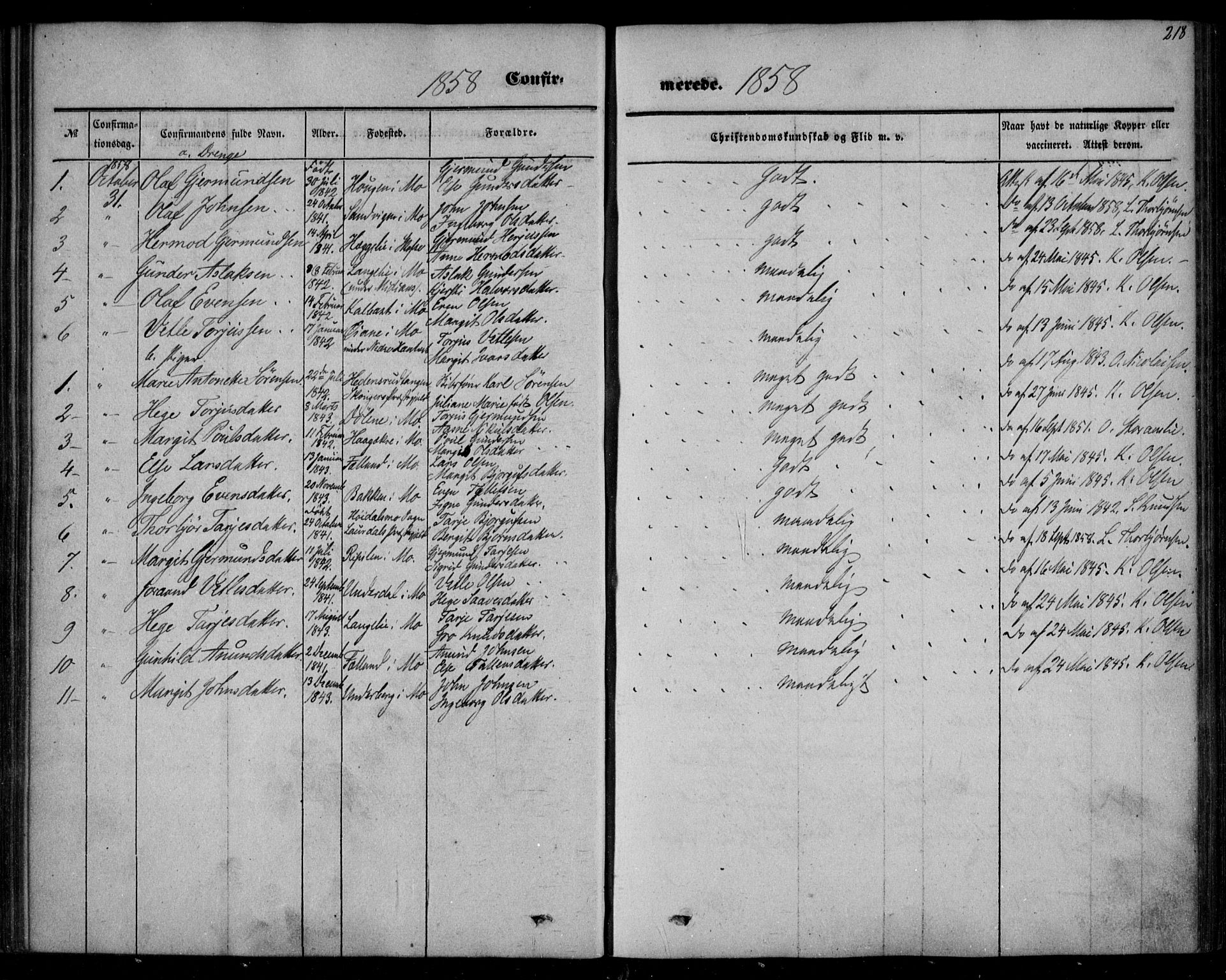Mo kirkebøker, SAKO/A-286/F/Fa/L0005: Parish register (official) no. I 5, 1844-1864, p. 218
