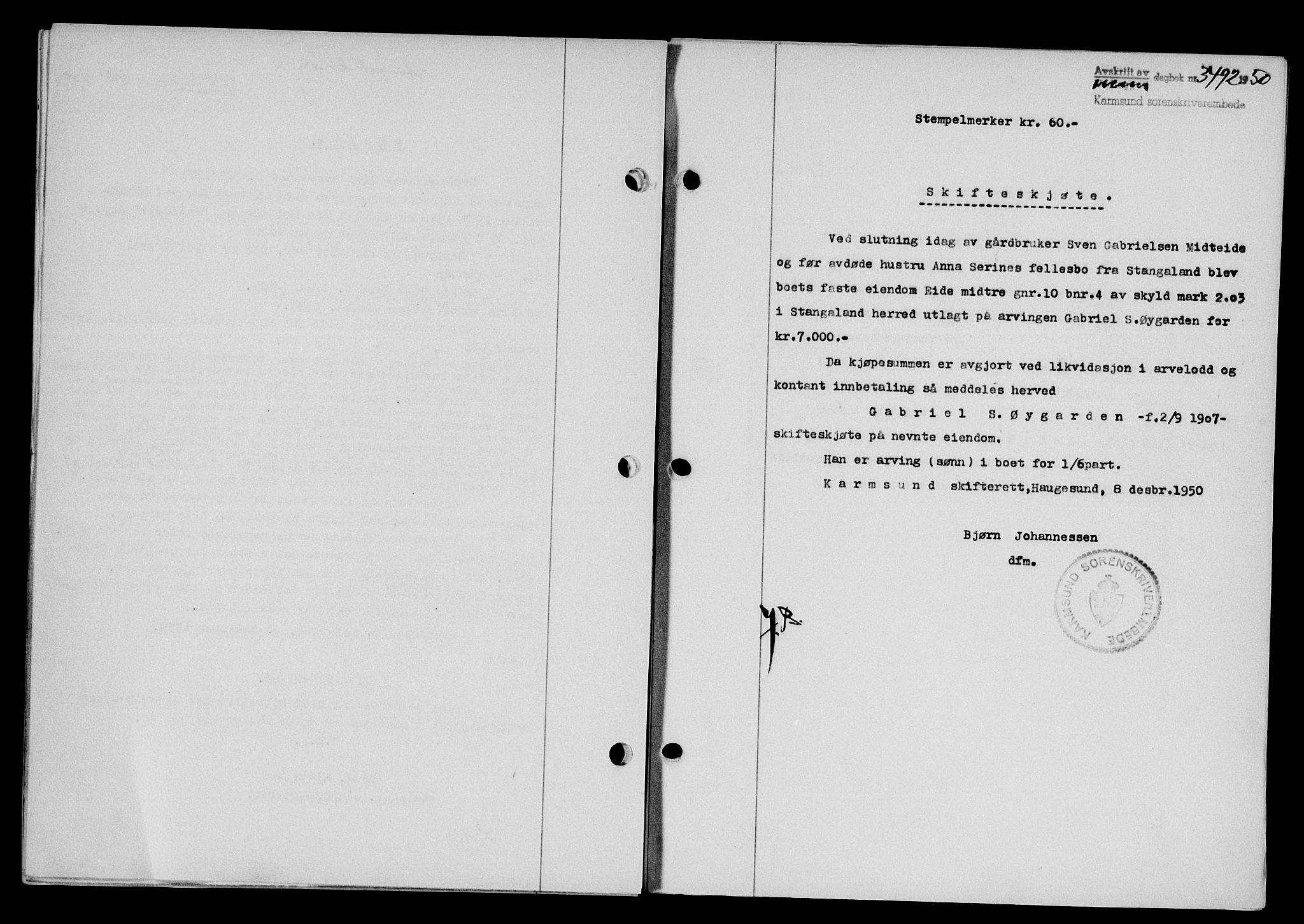 Karmsund sorenskriveri, SAST/A-100311/01/II/IIB/L0101: Mortgage book no. 81A, 1950-1951, Diary no: : 3492/1950