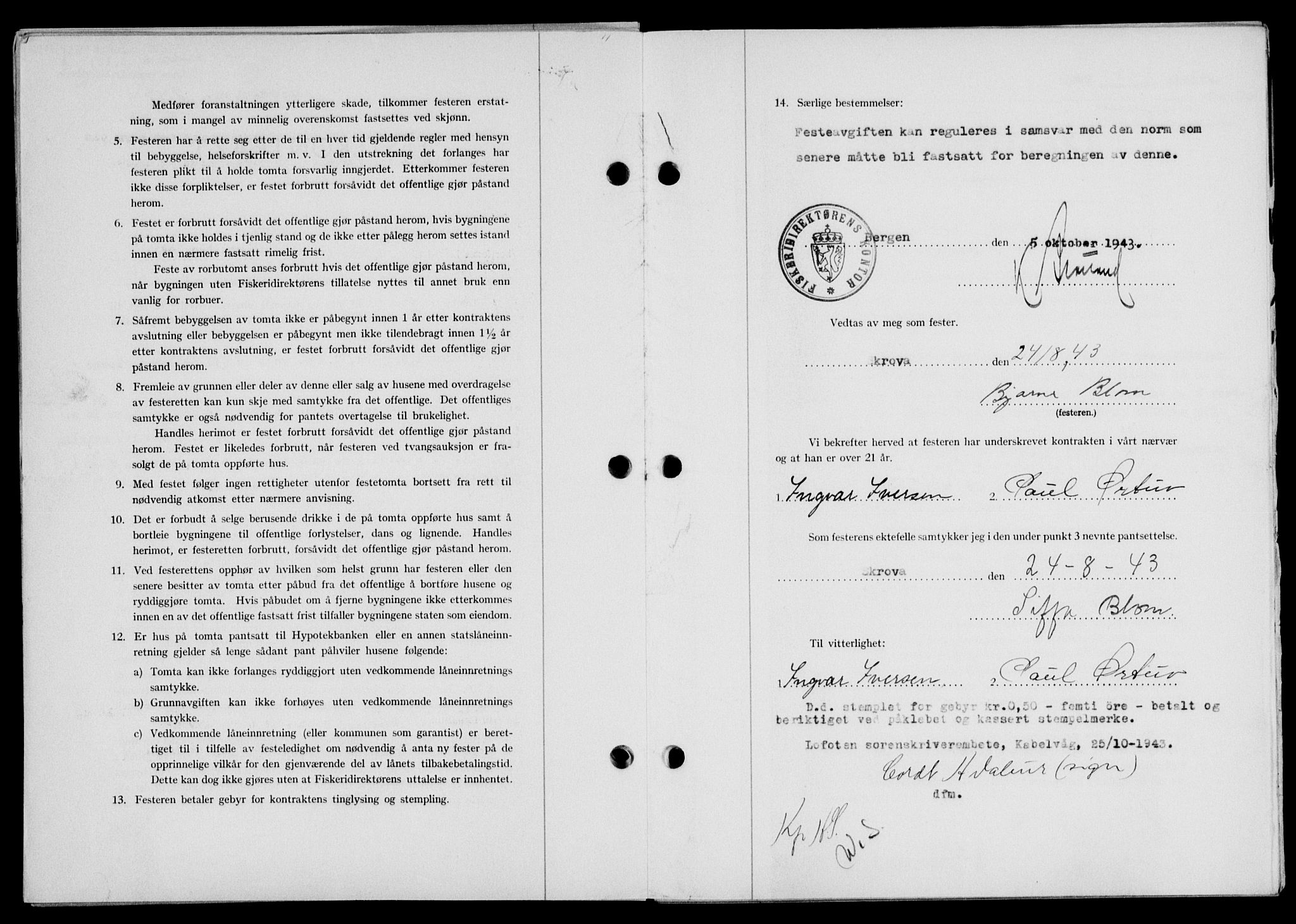 Lofoten sorenskriveri, AV/SAT-A-0017/1/2/2C/L0011a: Mortgage book no. 11a, 1943-1943, Diary no: : 1261/1943