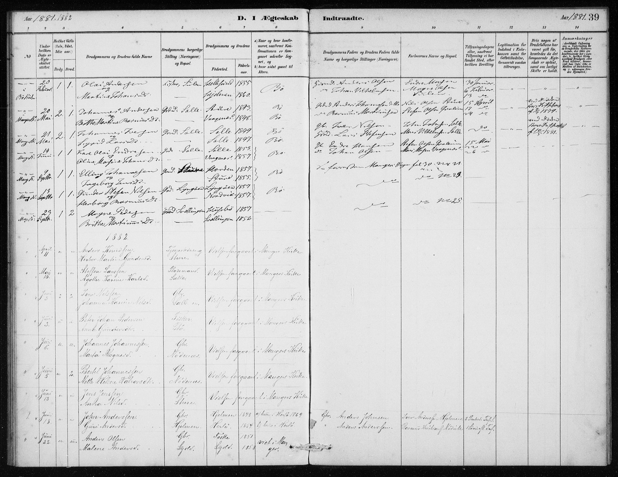 Manger sokneprestembete, SAB/A-76801/H/Haa: Parish register (official) no. E  1, 1881-1890, p. 39
