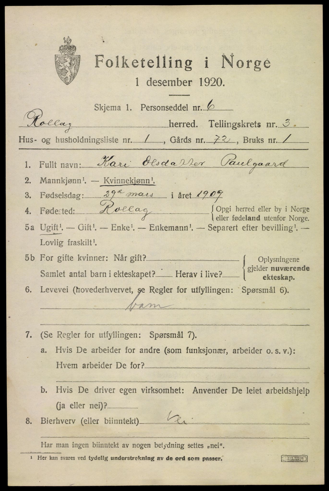 SAKO, 1920 census for Rollag, 1920, p. 1326