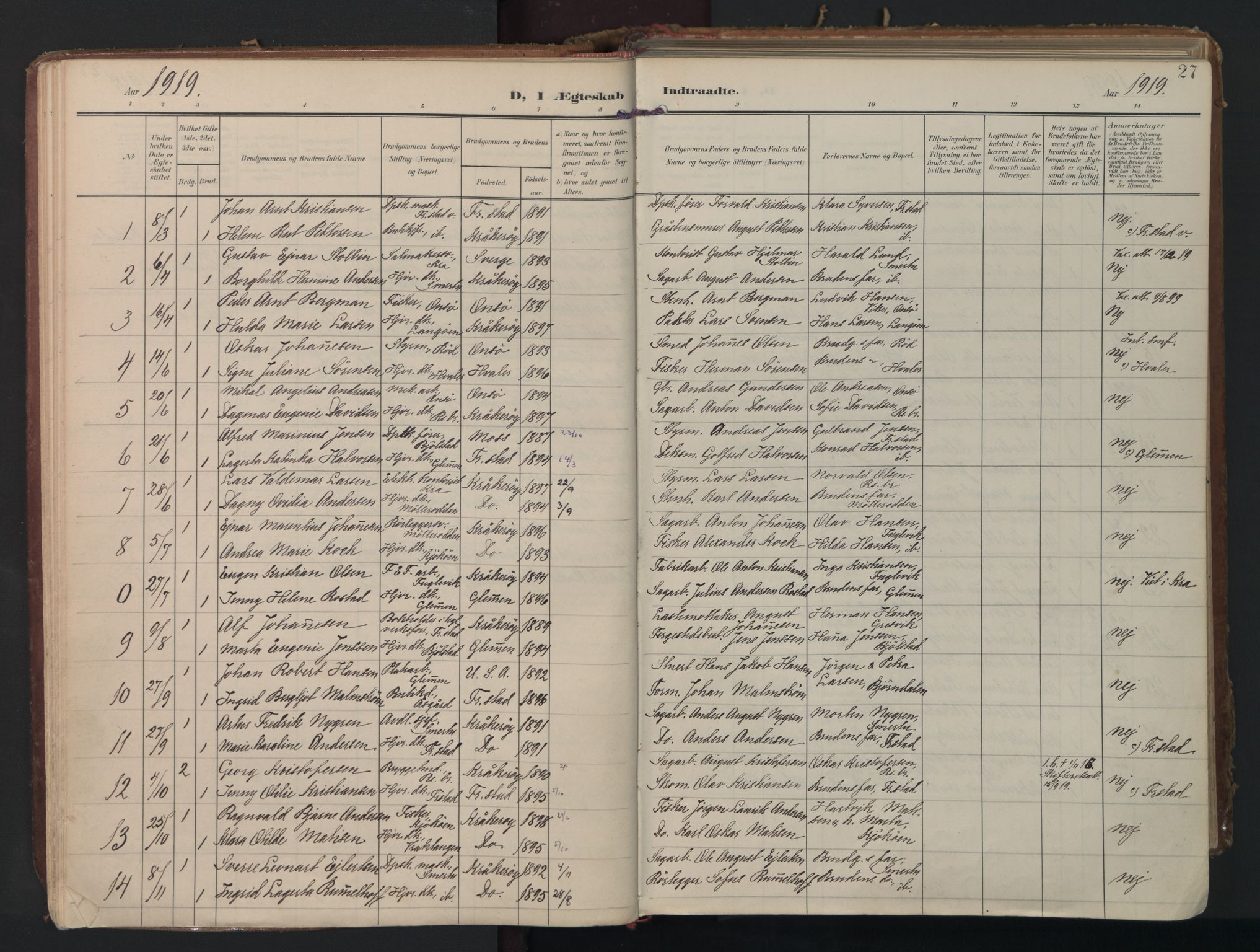 Kråkerøy prestekontor Kirkebøker, AV/SAO-A-10912/F/Fa/L0004: Parish register (official) no. 4, 1908-1965, p. 27