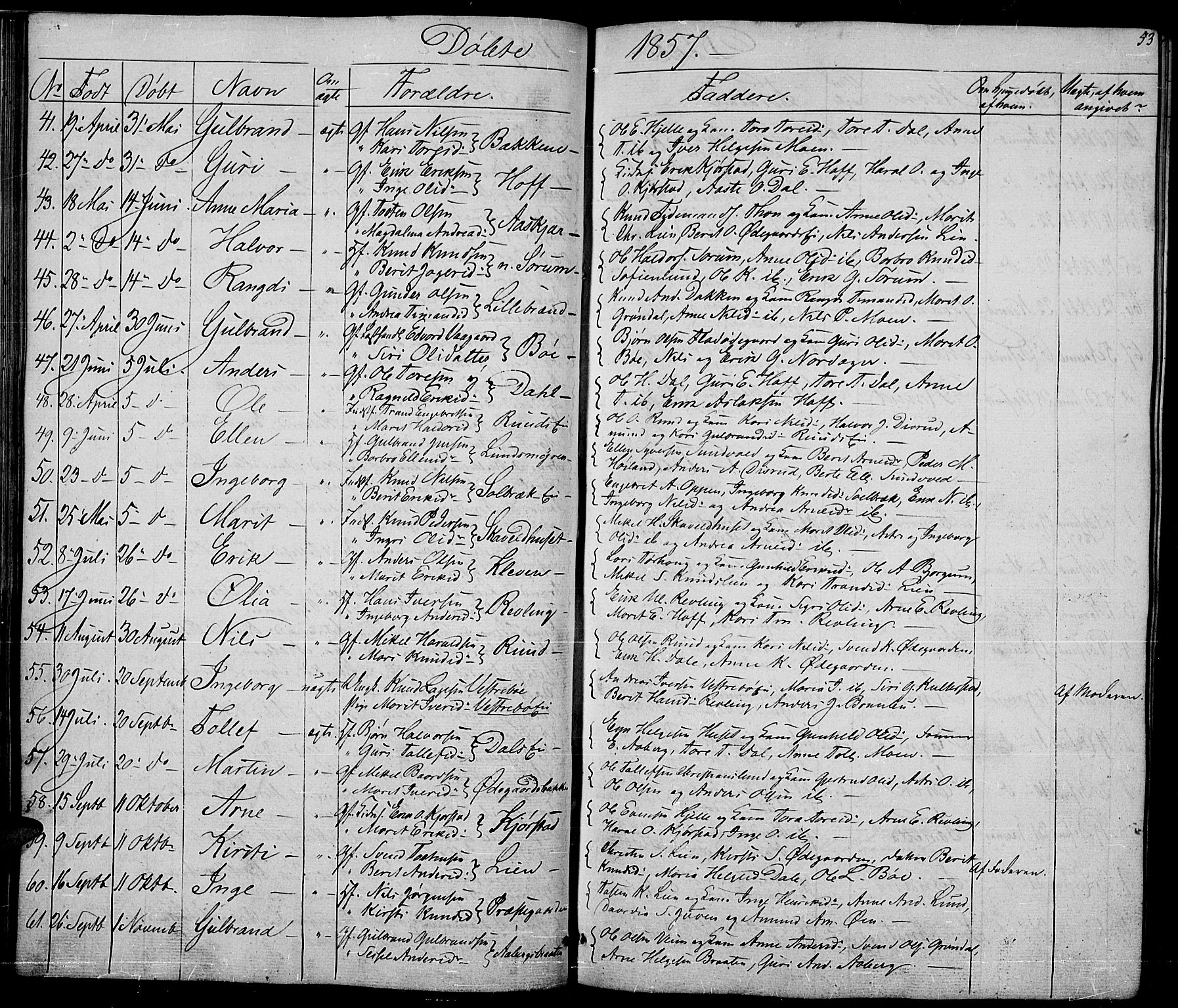 Nord-Aurdal prestekontor, SAH/PREST-132/H/Ha/Hab/L0002: Parish register (copy) no. 2, 1842-1877, p. 53