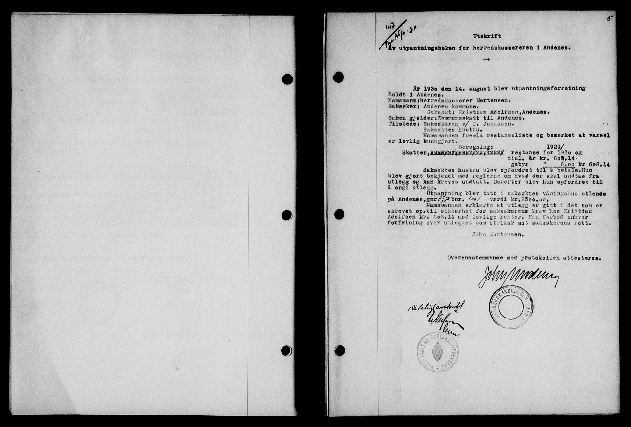 Vesterålen sorenskriveri, AV/SAT-A-4180/1/2/2Ca/L0052: Mortgage book no. 45, 1930-1931, Deed date: 25.09.1930