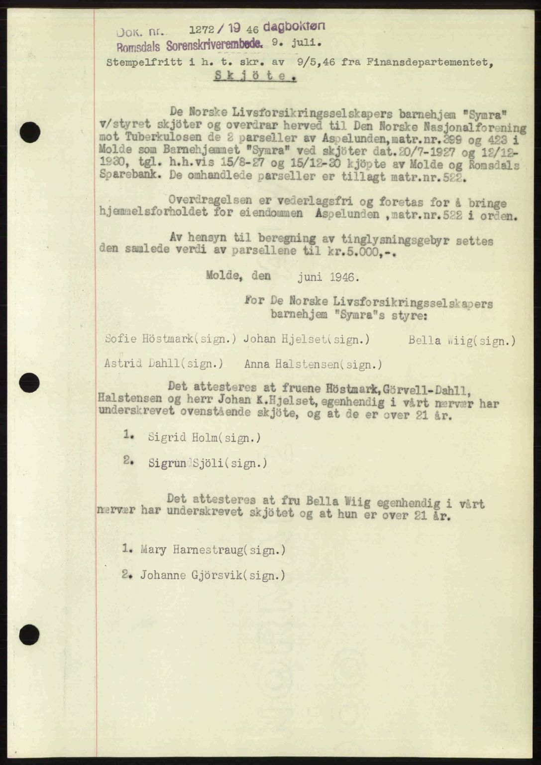 Romsdal sorenskriveri, AV/SAT-A-4149/1/2/2C: Mortgage book no. A20, 1946-1946, Diary no: : 1272/1946