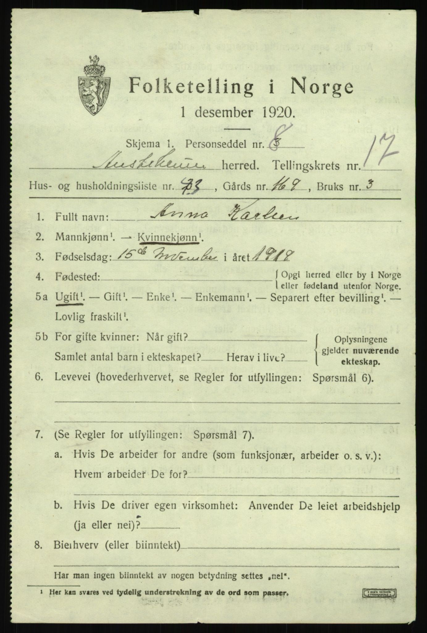 SAB, 1920 census for Austrheim, 1920, p. 5964