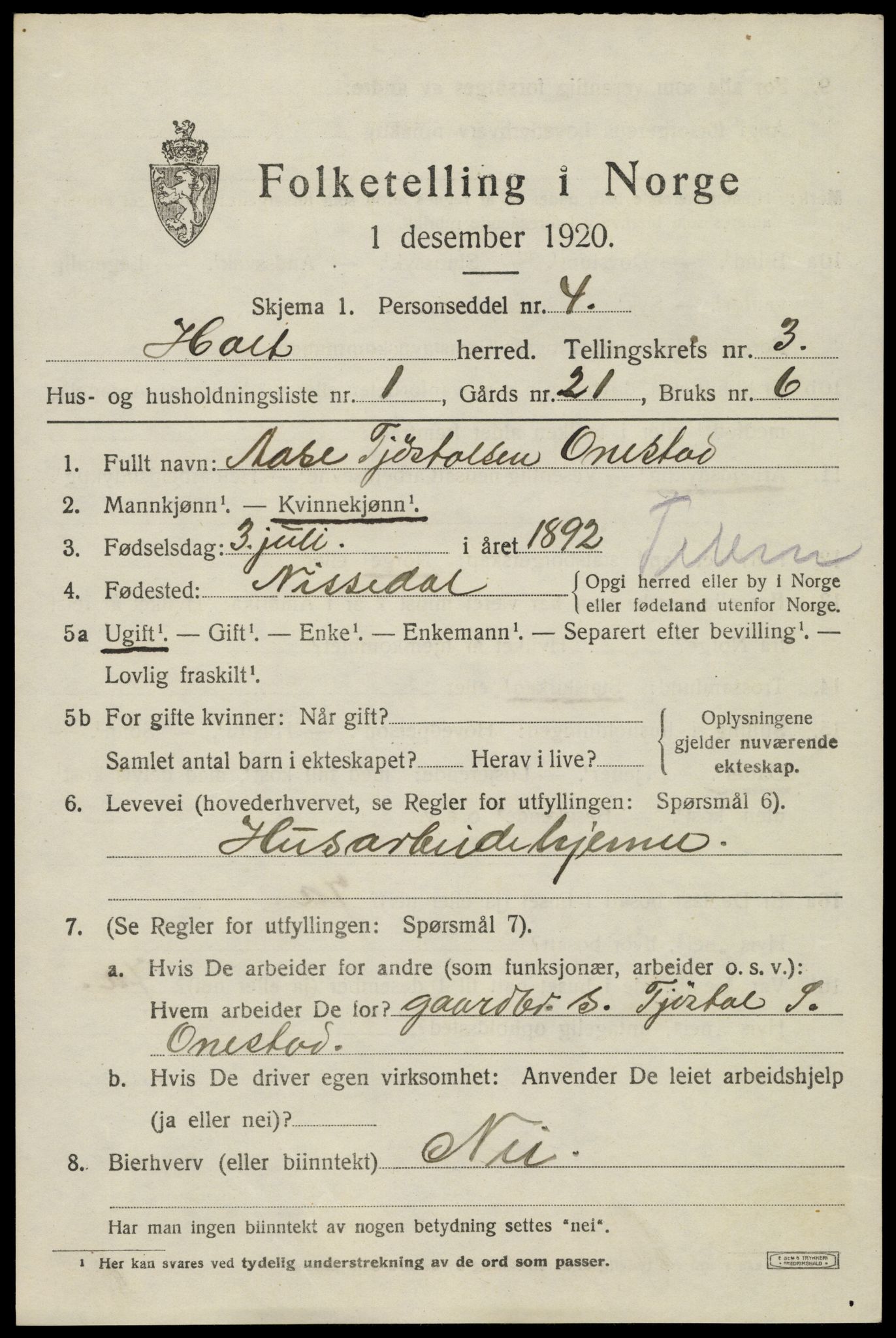 SAK, 1920 census for Holt, 1920, p. 2374