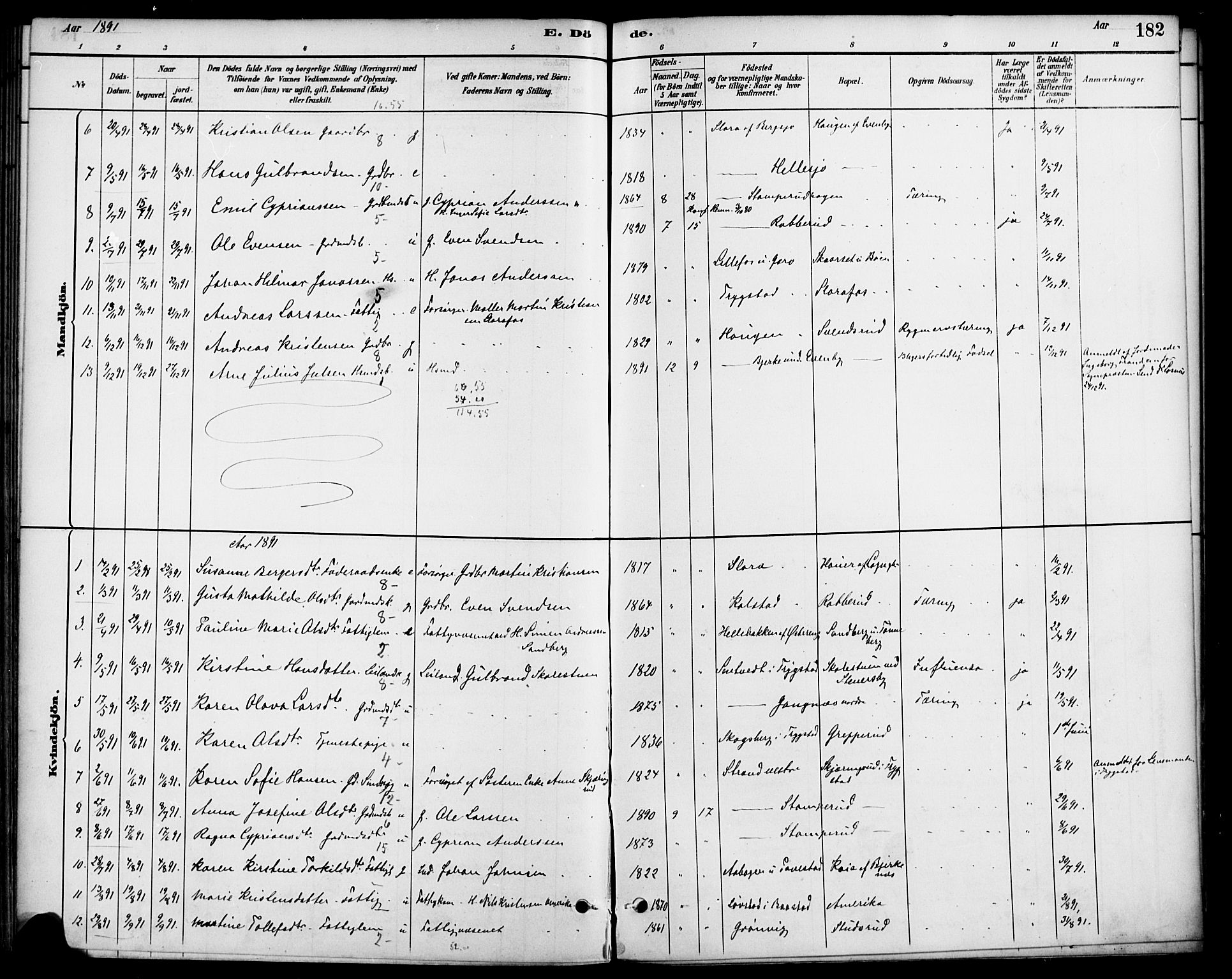 Høland prestekontor Kirkebøker, SAO/A-10346a/F/Fb/L0001: Parish register (official) no. II 1, 1880-1897, p. 182