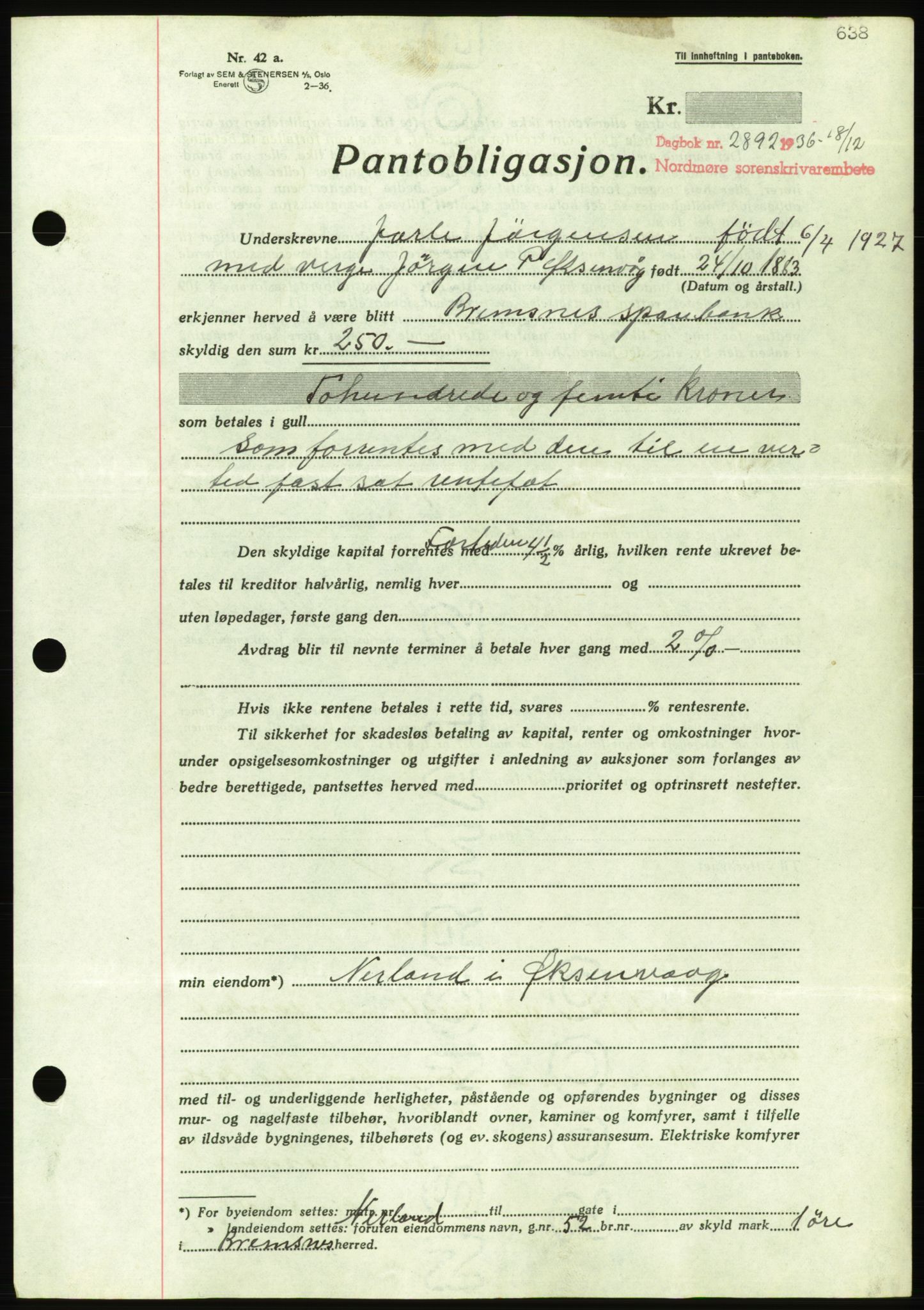 Nordmøre sorenskriveri, AV/SAT-A-4132/1/2/2Ca/L0090: Mortgage book no. B80, 1936-1937, Diary no: : 2892/1936