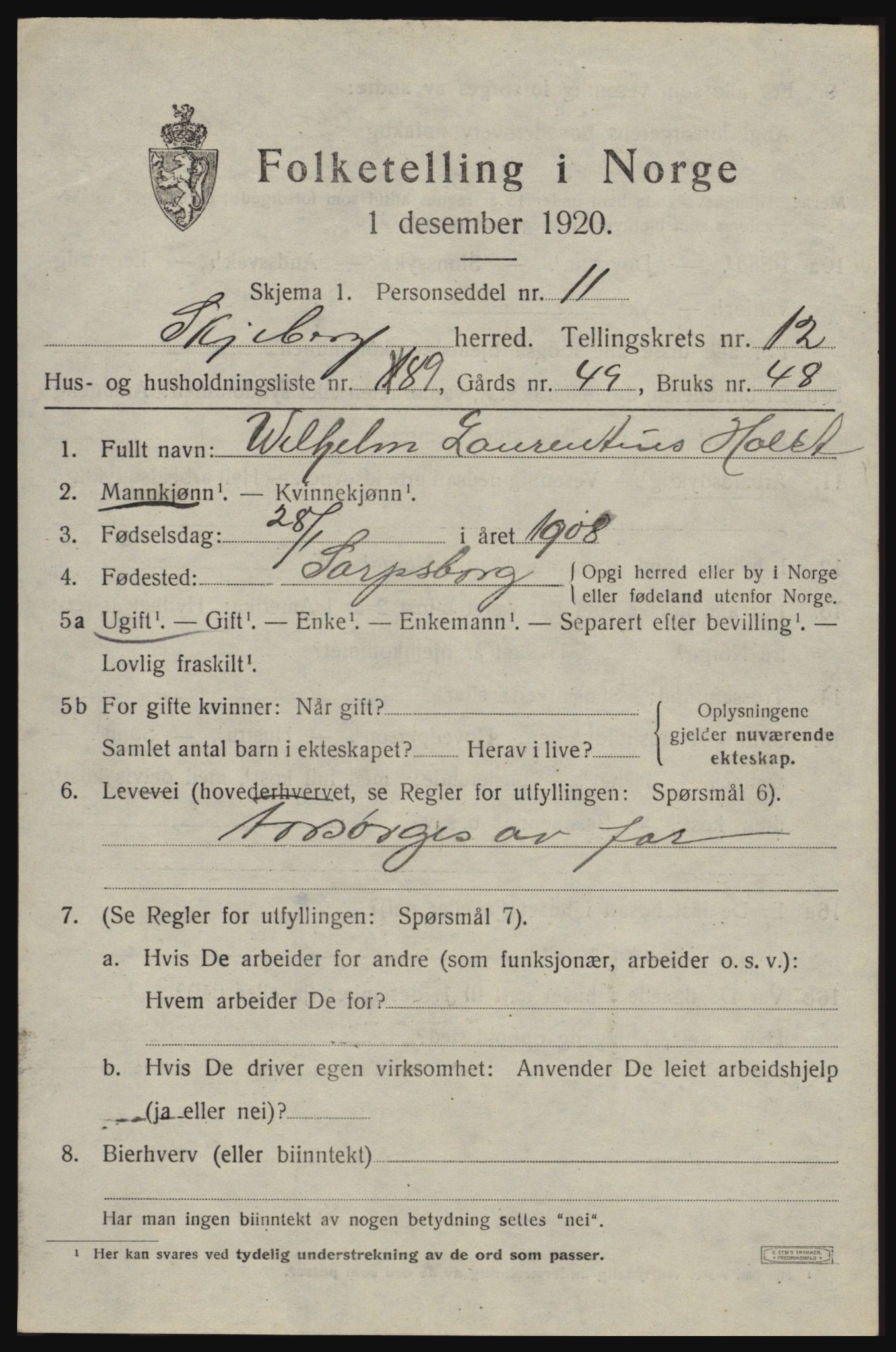 SAO, 1920 census for Skjeberg, 1920, p. 11625