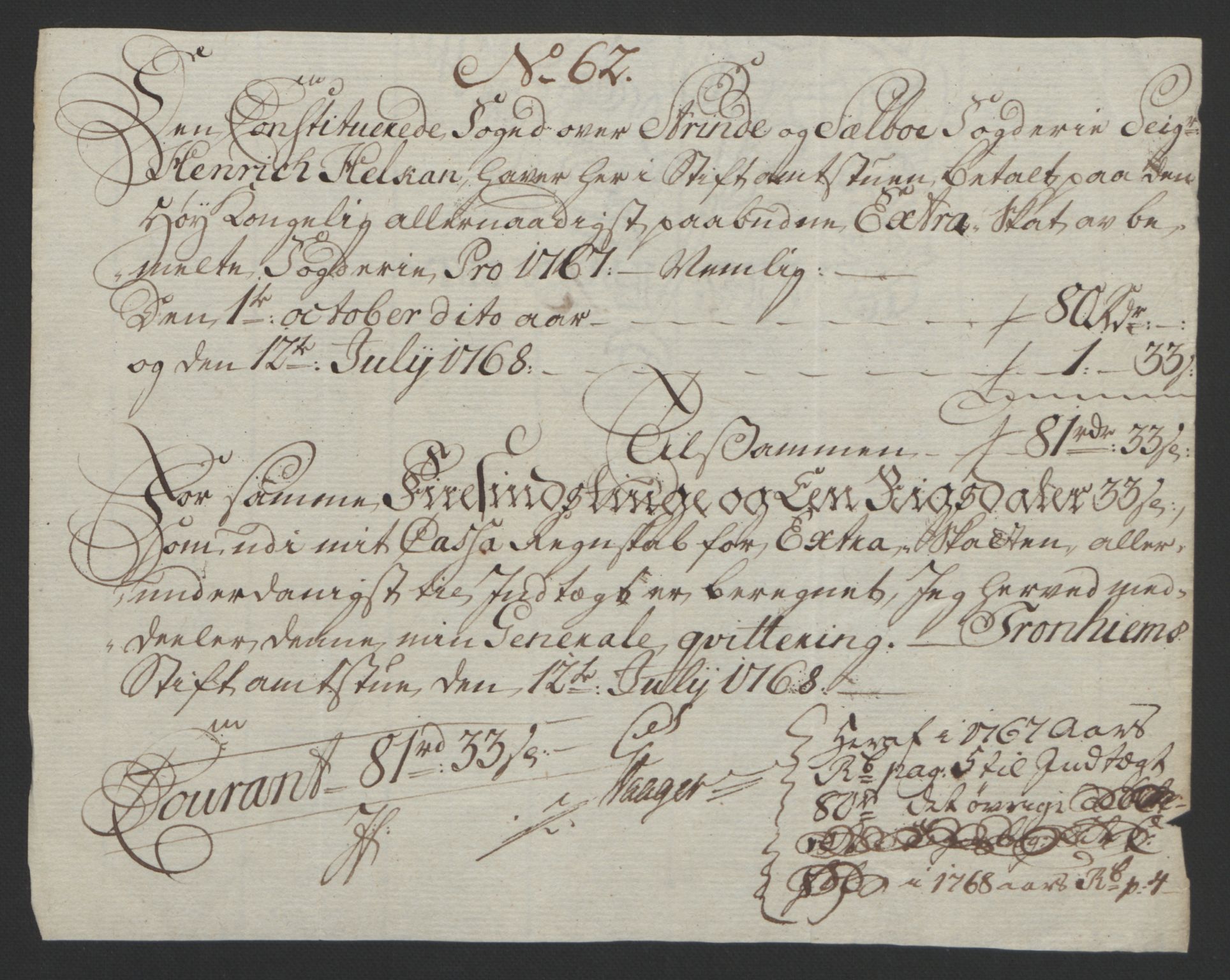 Rentekammeret inntil 1814, Reviderte regnskaper, Fogderegnskap, AV/RA-EA-4092/R61/L4180: Ekstraskatten Strinda og Selbu, 1762-1767, p. 400