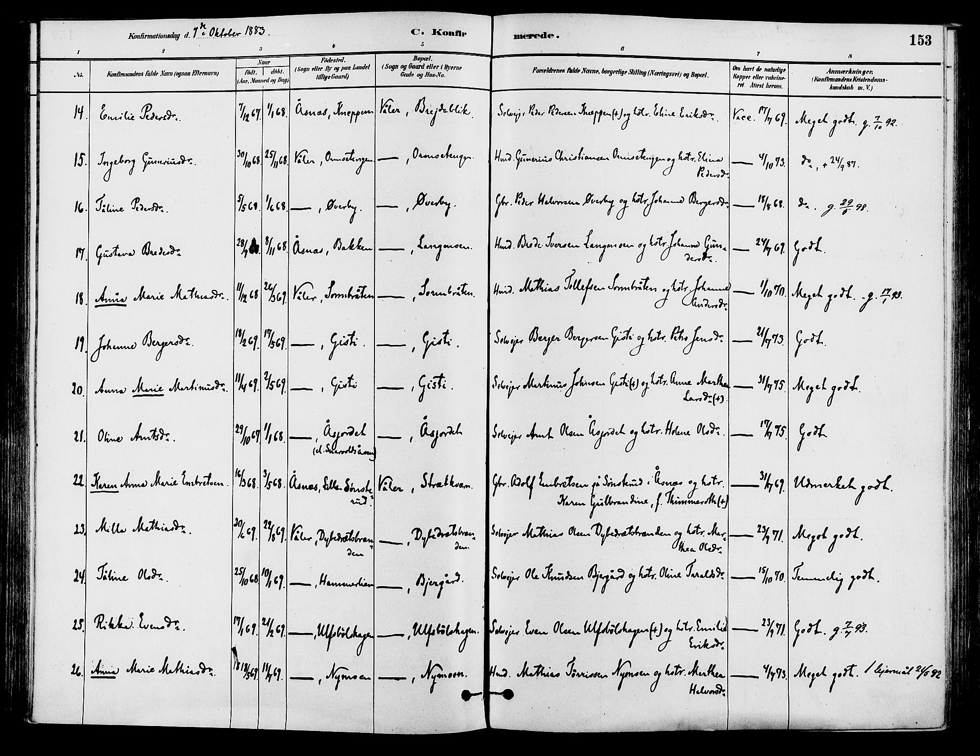 Våler prestekontor, Hedmark, AV/SAH-PREST-040/H/Ha/Haa/L0002: Parish register (official) no. 3, 1879-1911, p. 153