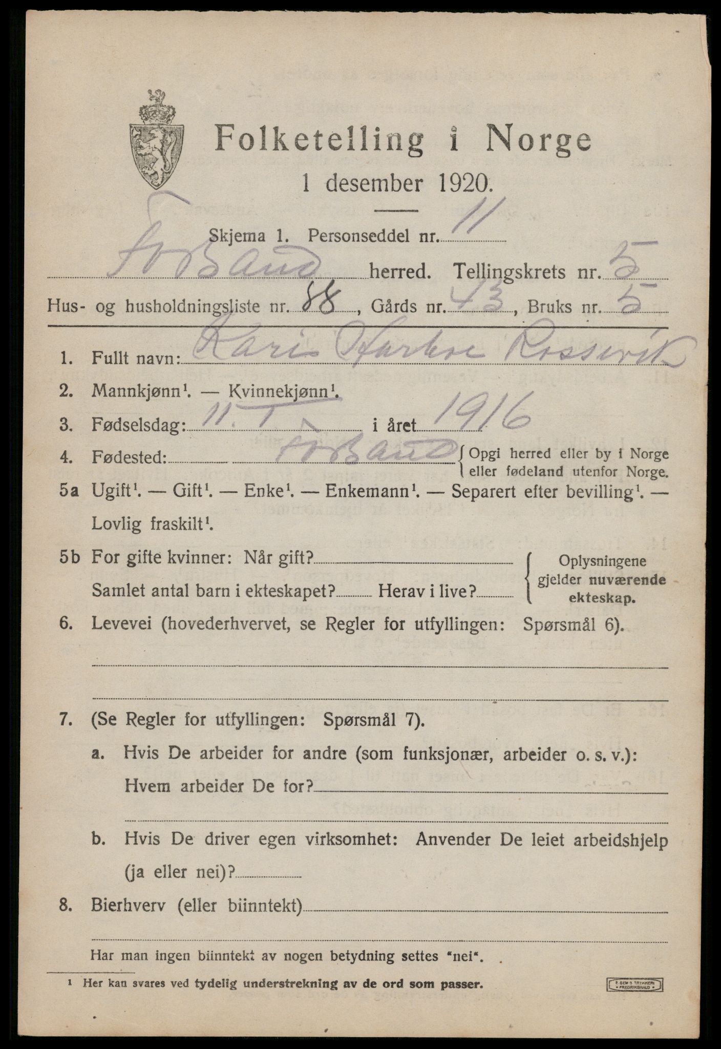 SAST, 1920 census for Forsand, 1920, p. 2751