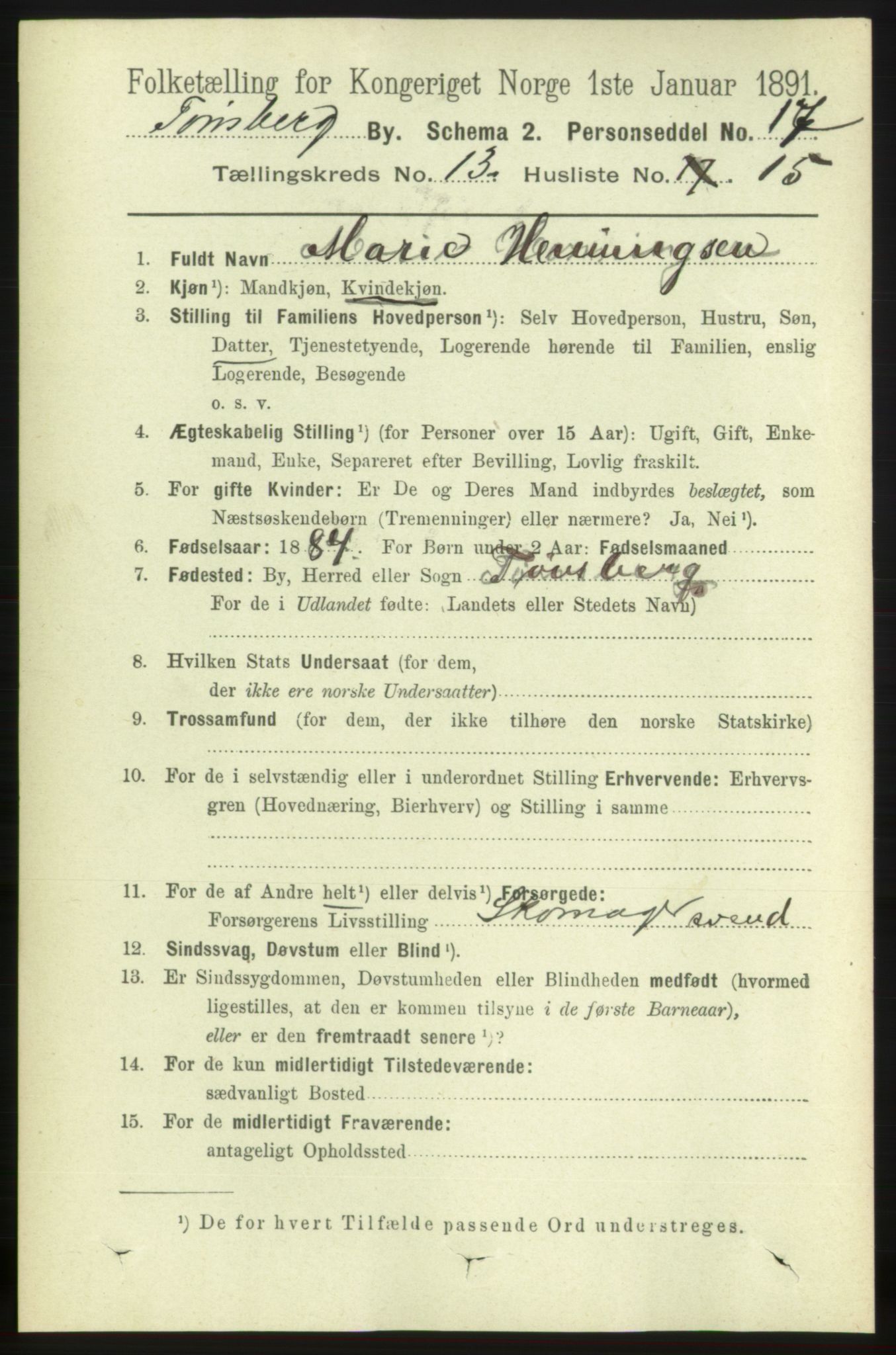 RA, 1891 census for 0705 Tønsberg, 1891, p. 4506