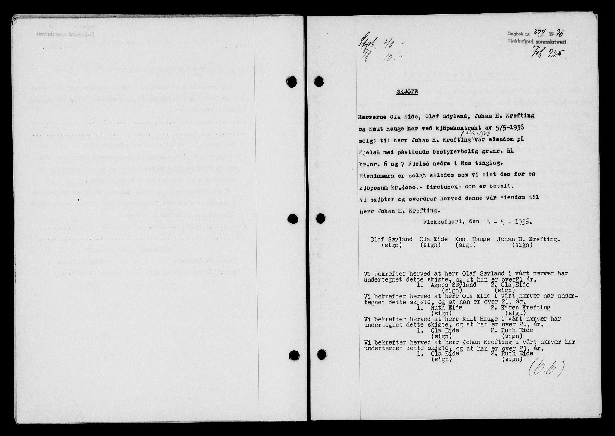 Flekkefjord sorenskriveri, SAK/1221-0001/G/Gb/Gba/L0053: Mortgage book no. A-1, 1936-1937, Diary no: : 234/1936