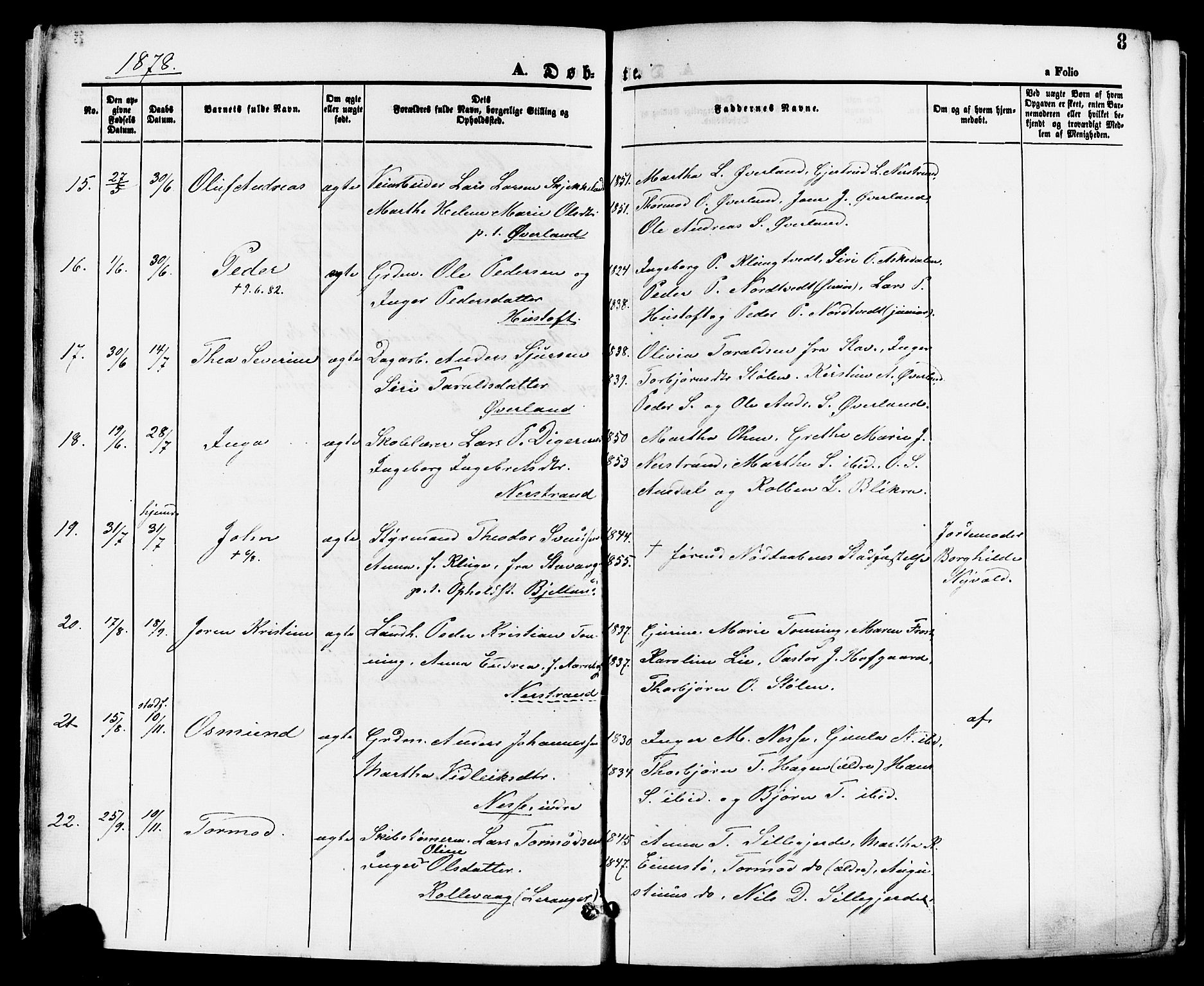 Nedstrand sokneprestkontor, SAST/A-101841/01/IV: Parish register (official) no. A 11, 1877-1887, p. 8