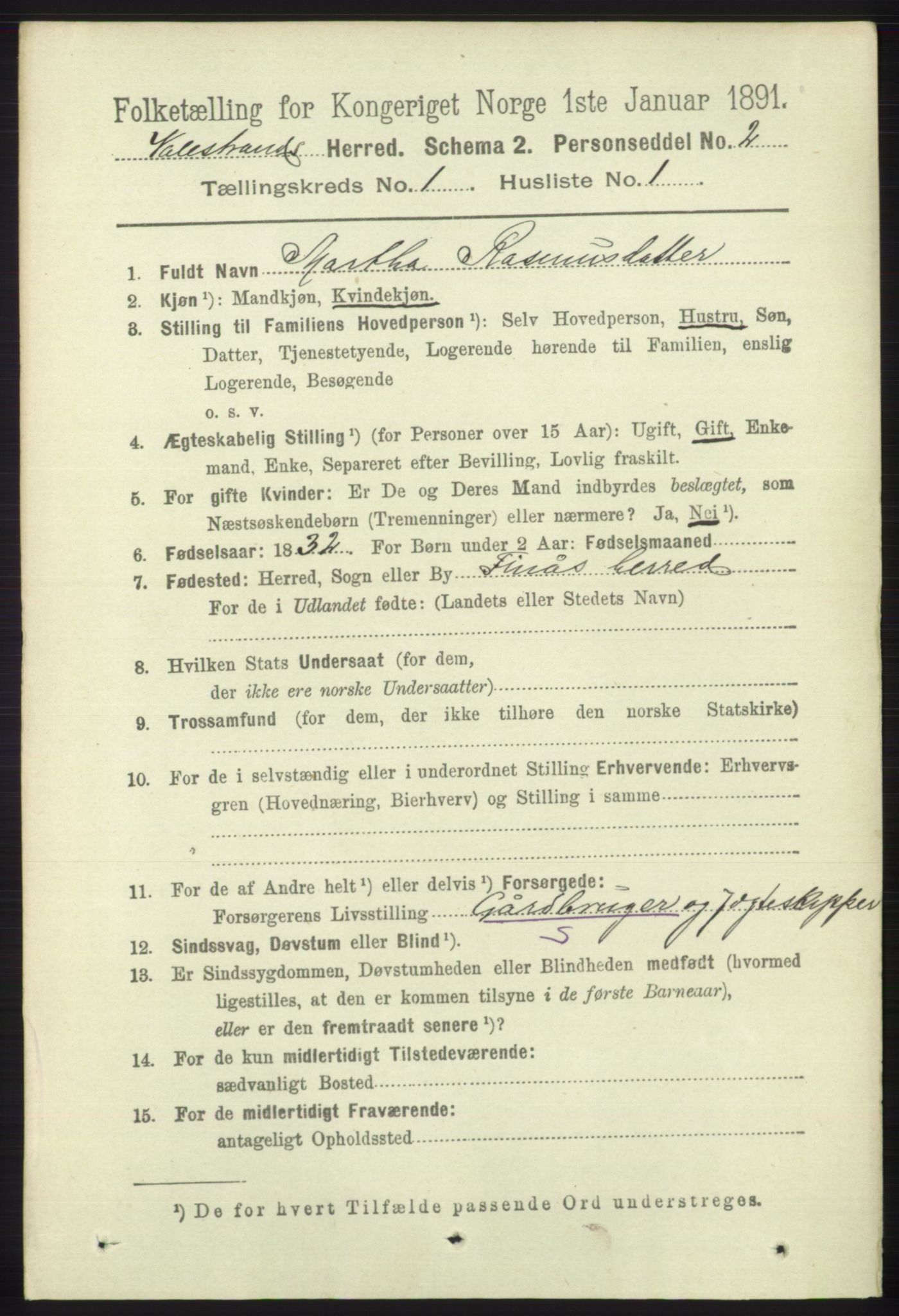 RA, 1891 census for 1217 Valestrand, 1891, p. 55